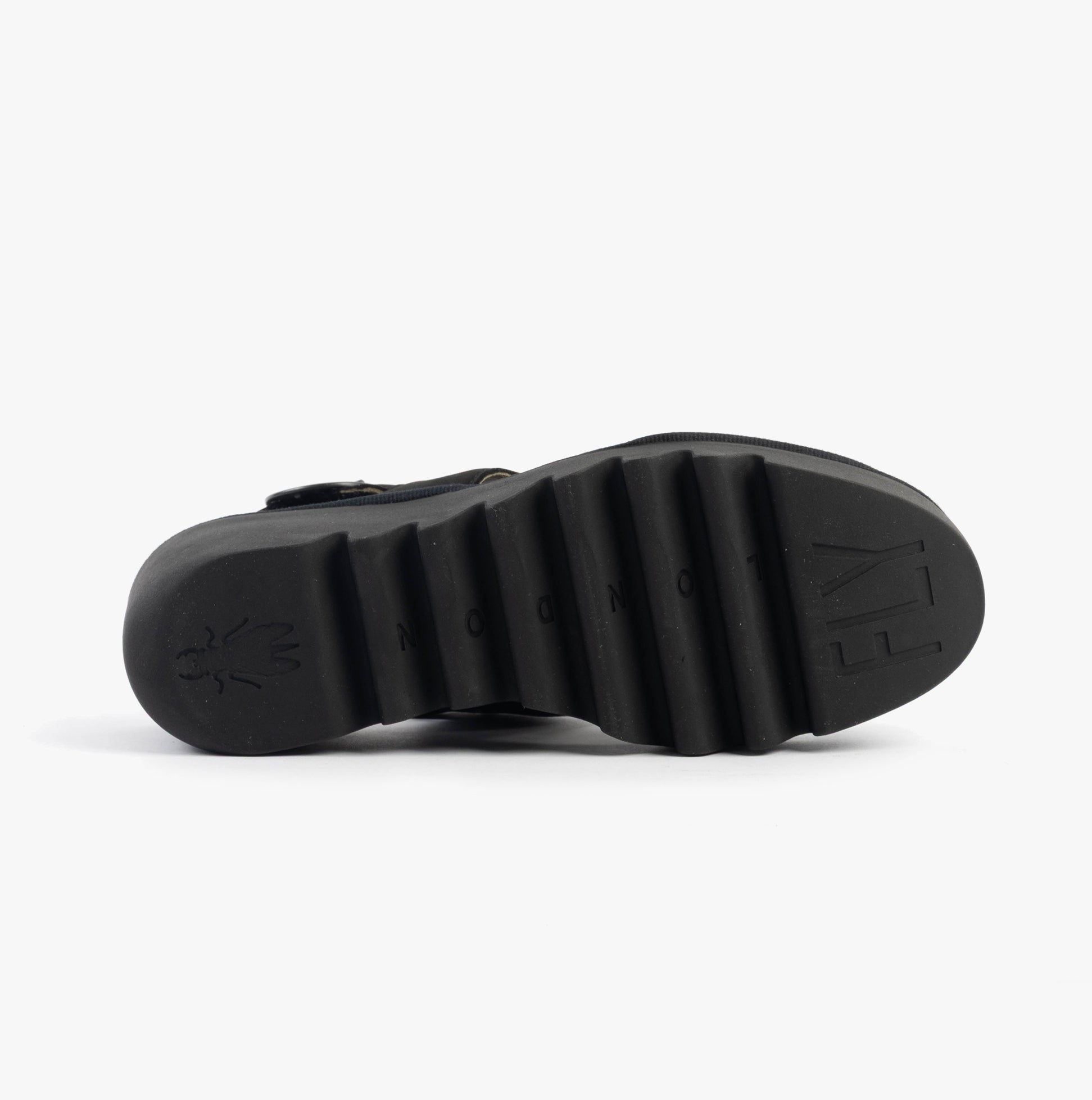 Fly London BAIF585FLY Womens Sandals Black, bottom view showing TPR sole with traction design.