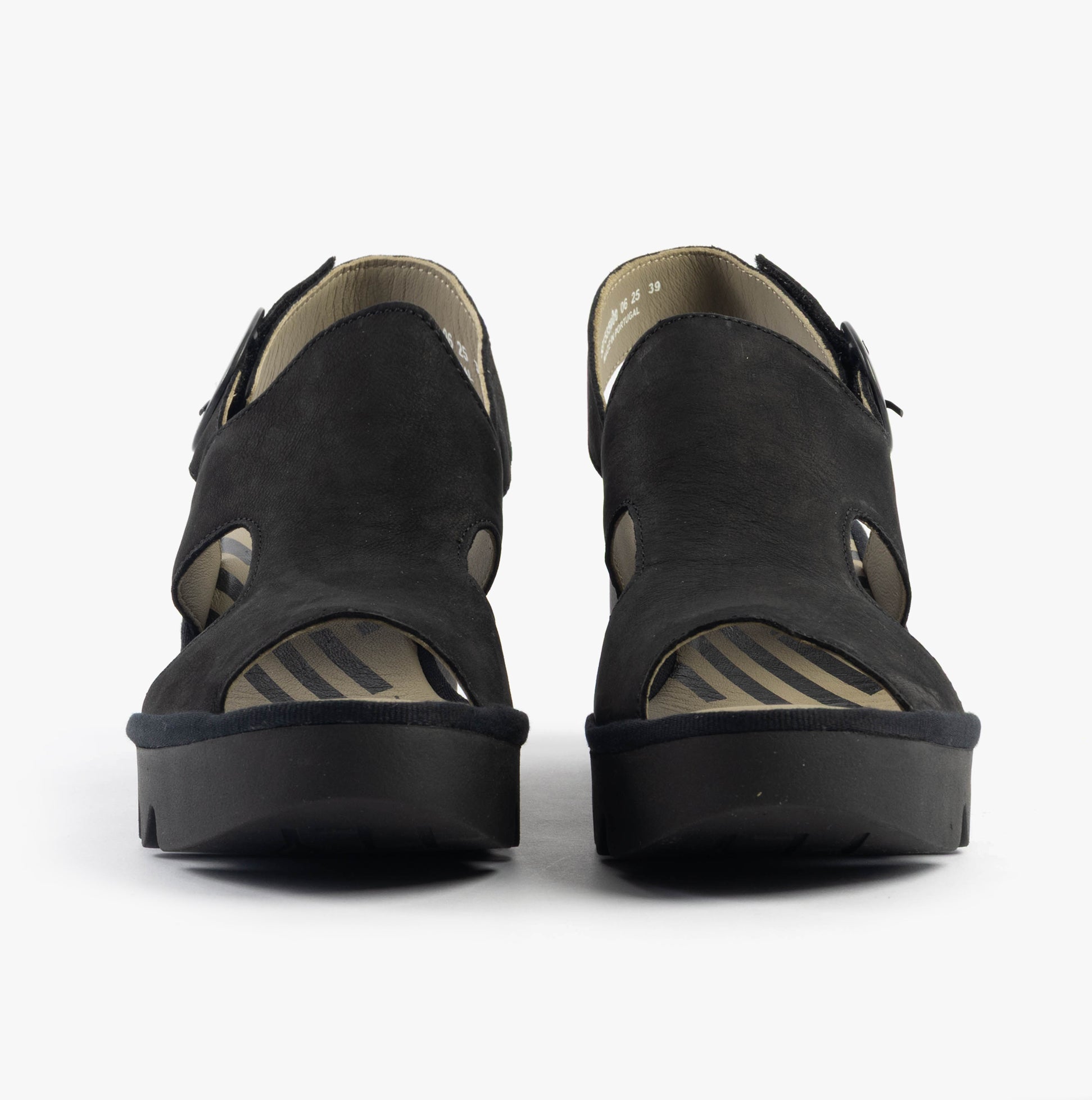 Fly London BAIF585FLY Womens Sandals Black front view showcasing buckle and open design.
