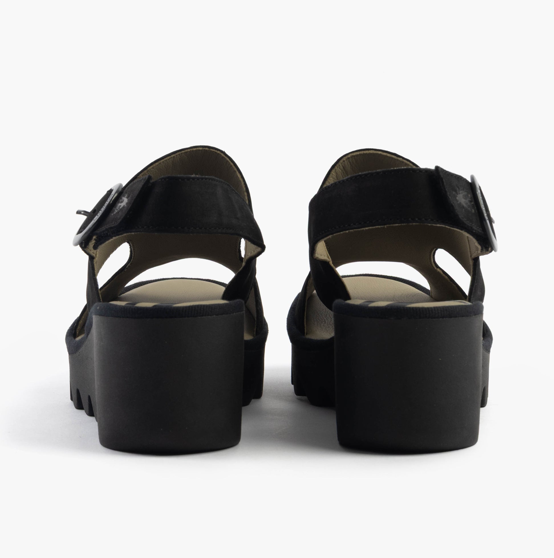 Fly London BAIF585FLY Womens Sandals Black back view with wedge heel design and buckle closure.