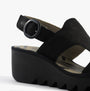 Fly London BAIF585FLY Womens Sandals Black side view showcasing the wedge heel and buckle detail.