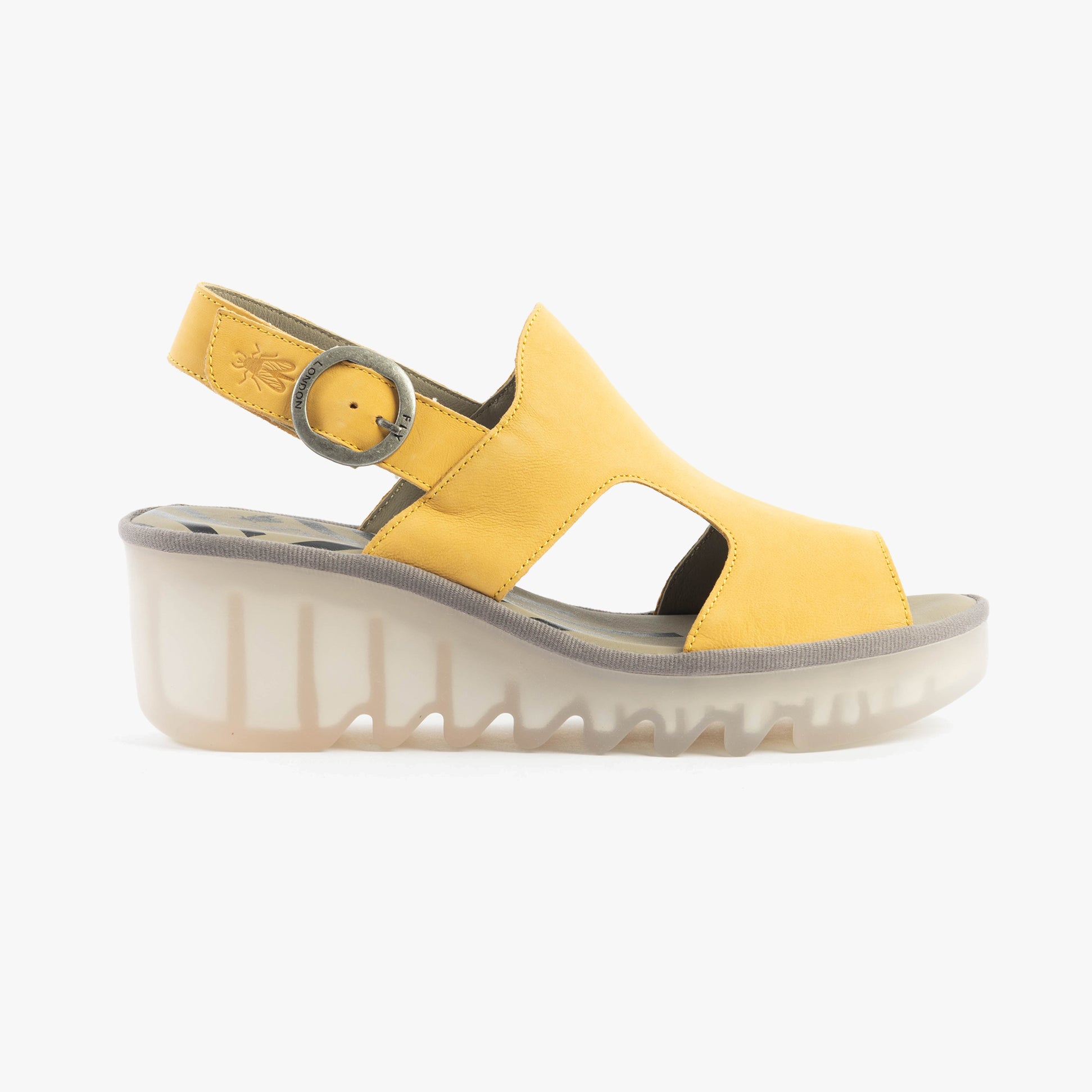 Fly London BAIF585FLY Womens Sandals Bumblebee side view showing leather upper and wedge heel design.