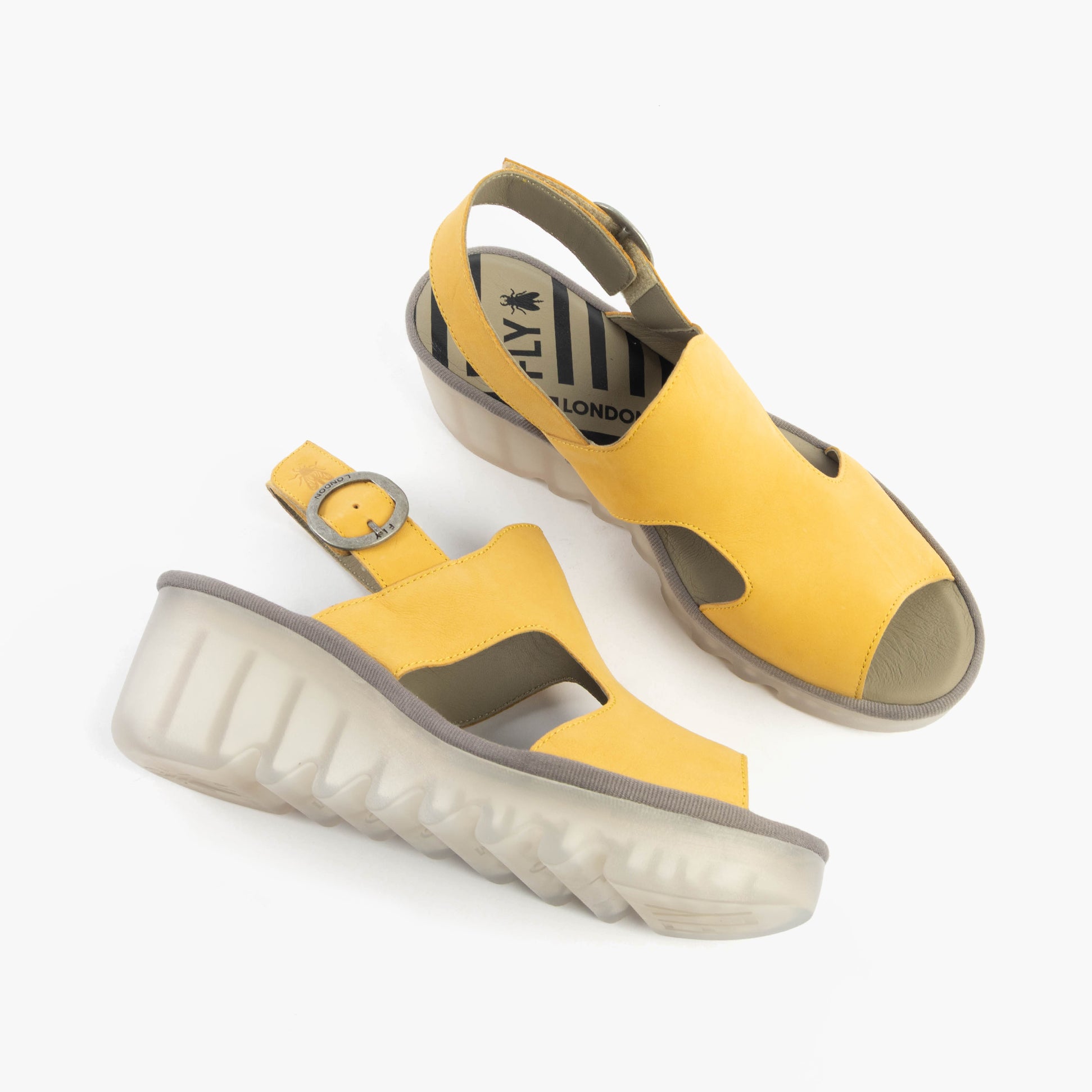 Fly London BAIF585FLY Womens Sandals Bumblebee side view with yellow leather upper and wedge sole.