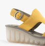 Fly London BAIF585FLY Womens Sandals Bumblebee side view, leather upper in vibrant yellow with buckle and wedge heel.
