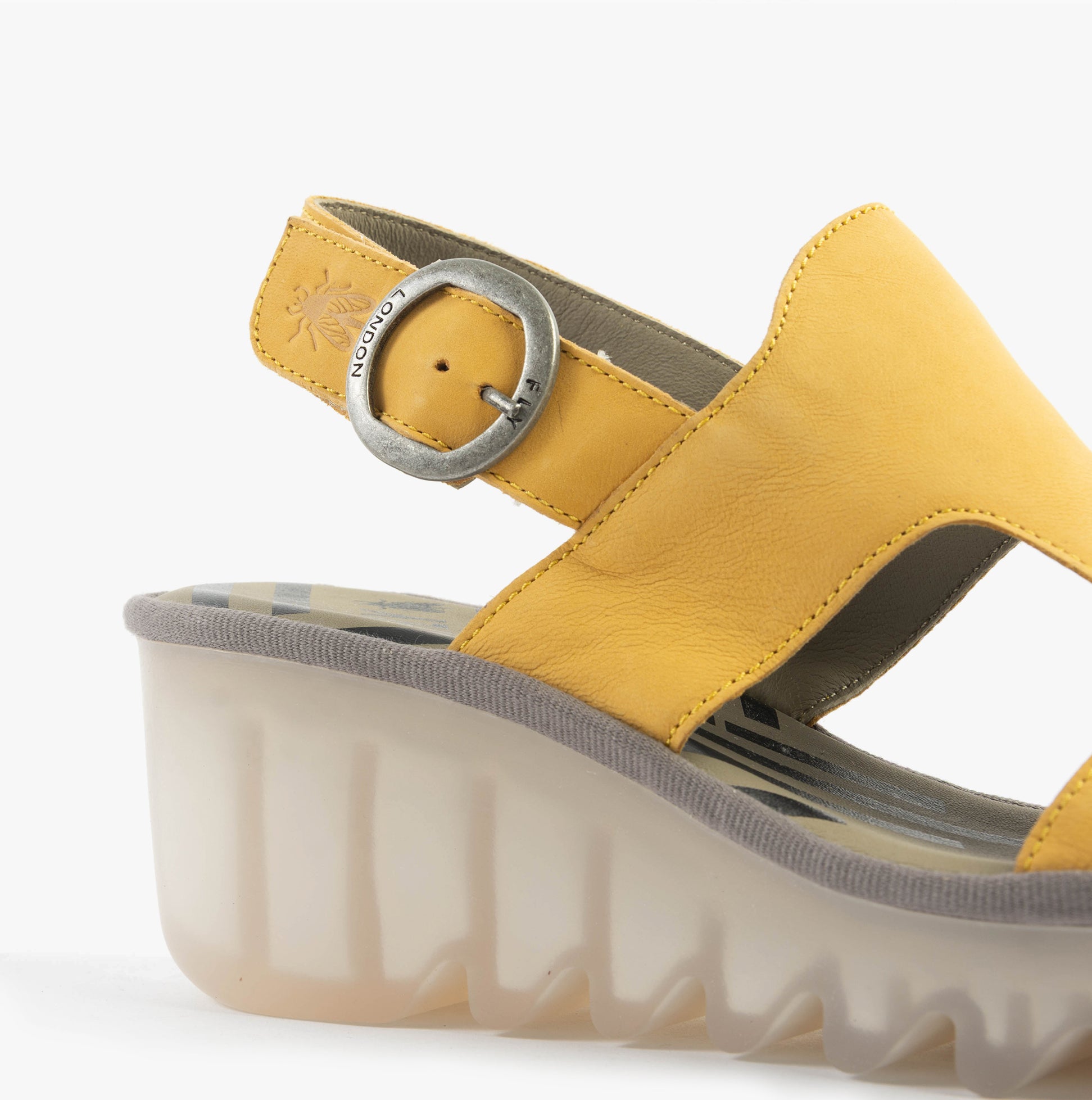 Fly London BAIF585FLY Womens Sandals Bumblebee side view, leather upper in vibrant yellow with buckle and wedge heel.