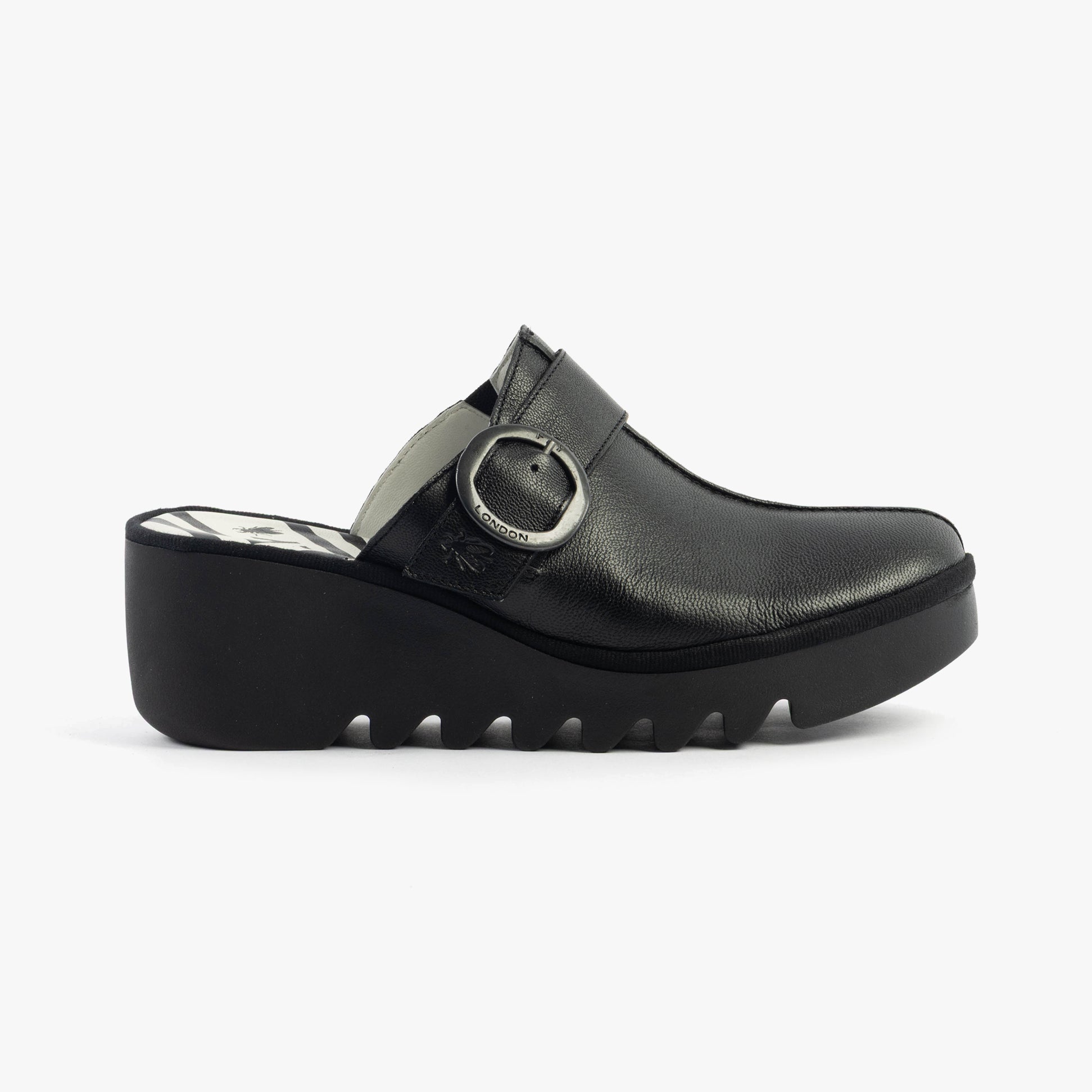 Fly London BLOK586FLY Womens Sandals Black side view showing leather upper and wedge heel design.