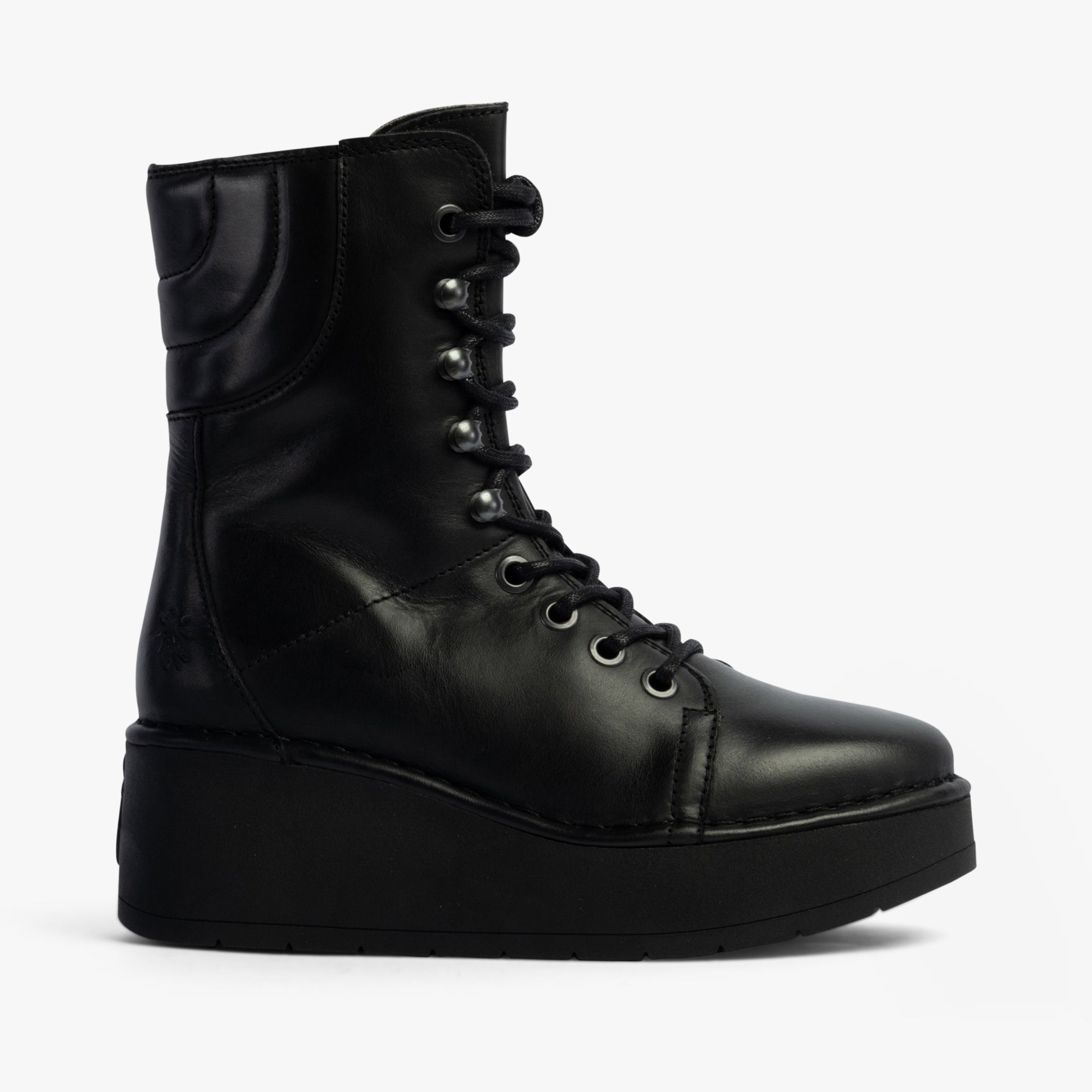 Fly London HAIF269FLY Womens Boots Black side view, featuring leather upper and lace-up closure, stylish ankle design.