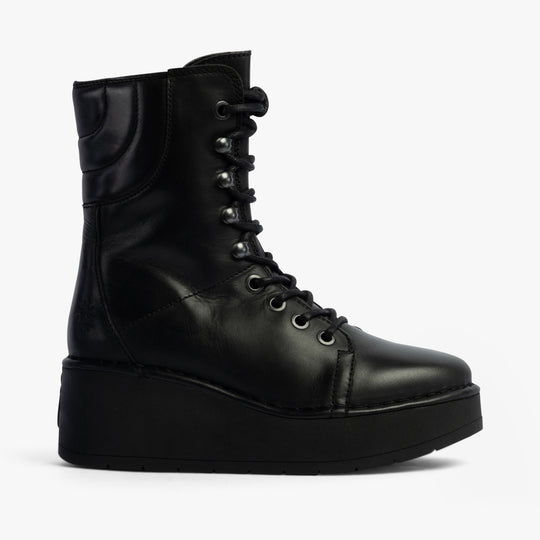 Fly London HAIF269FLY Womens Boots Black side view, featuring leather upper and lace-up closure, stylish ankle design.