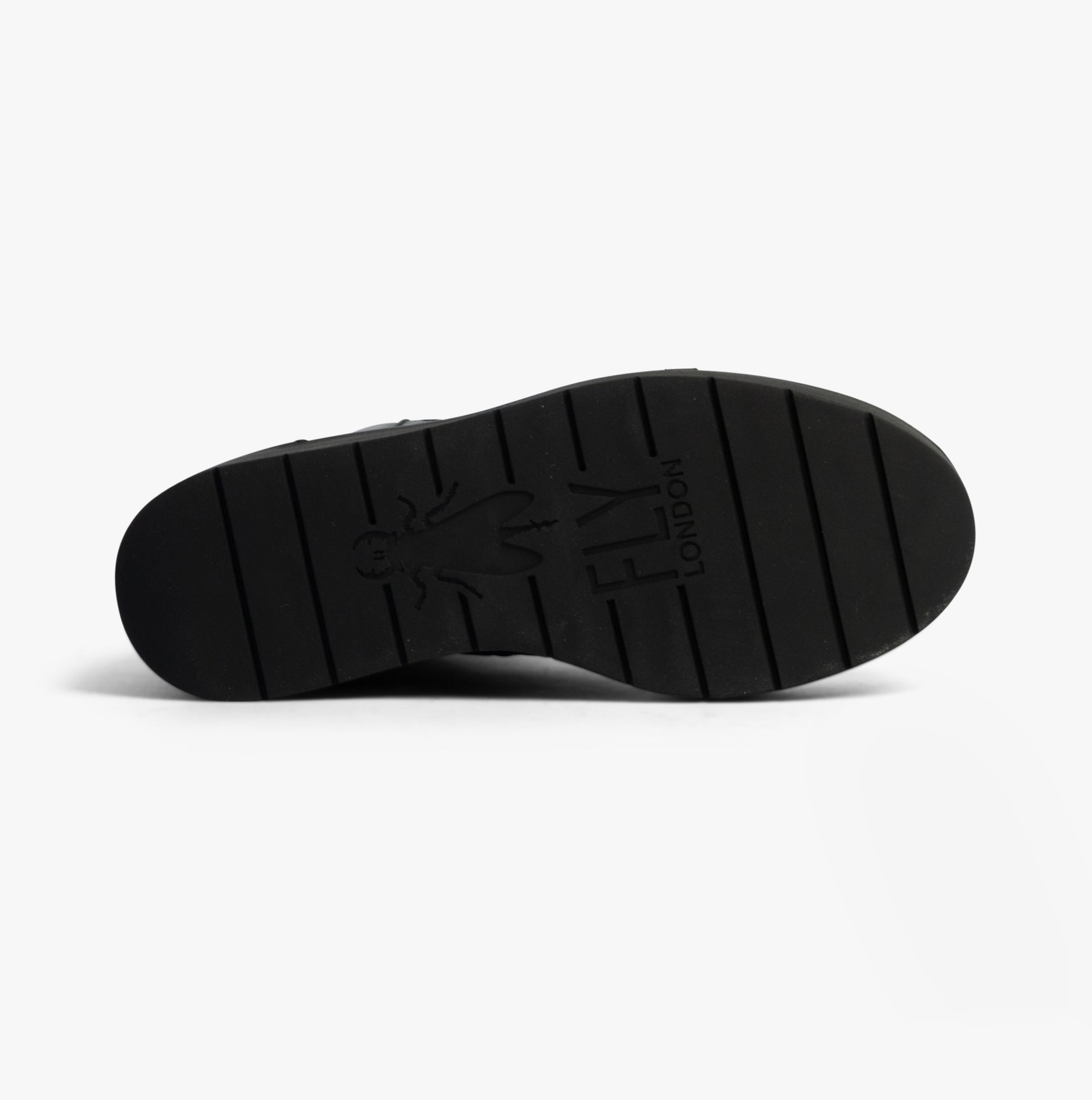 Fly London HAIF269FLY Womens Boots Black bottom view with rubber sole detailing and logo.