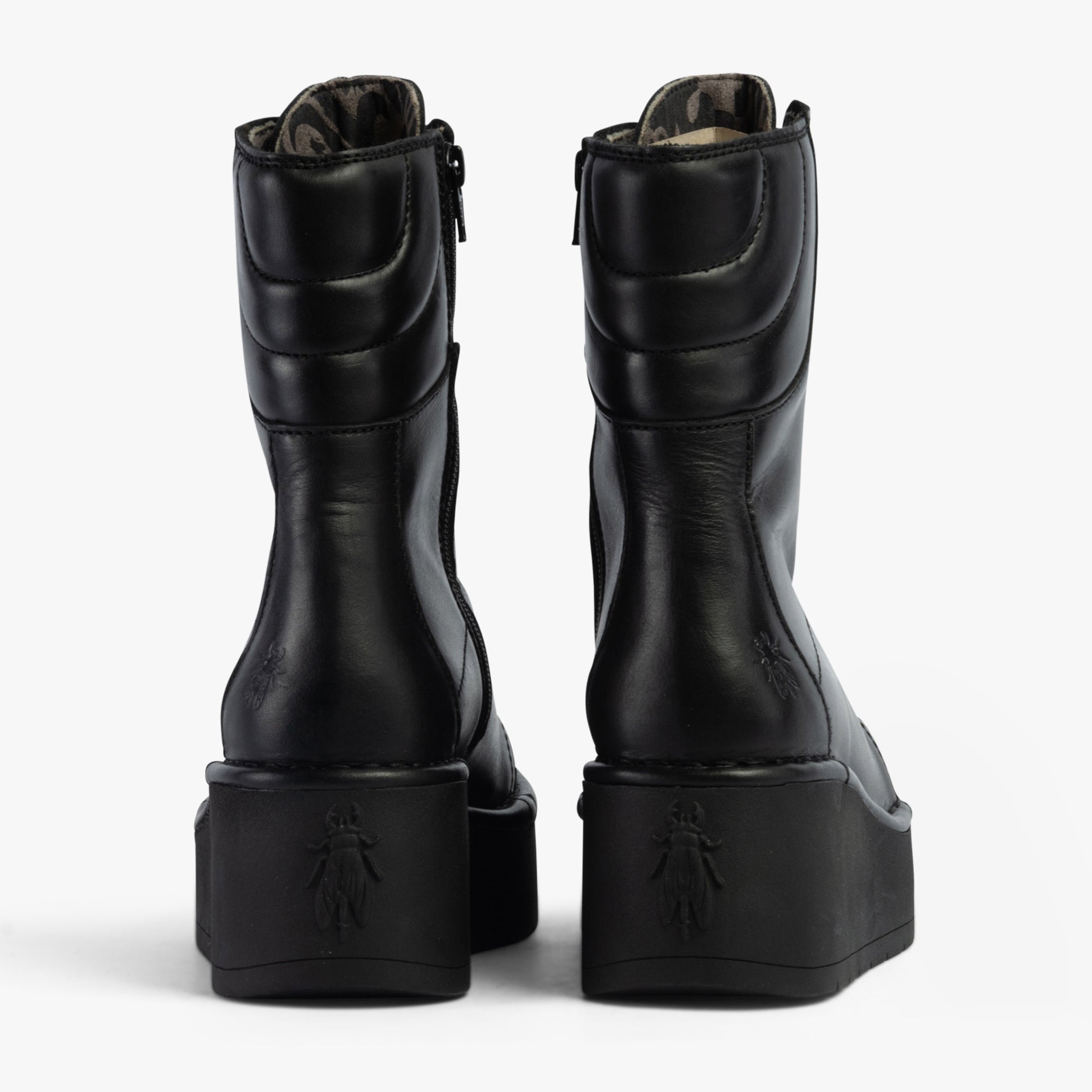 Fly London HAIF269FLY Womens Boots Black rear view showcasing leather and block heel design.