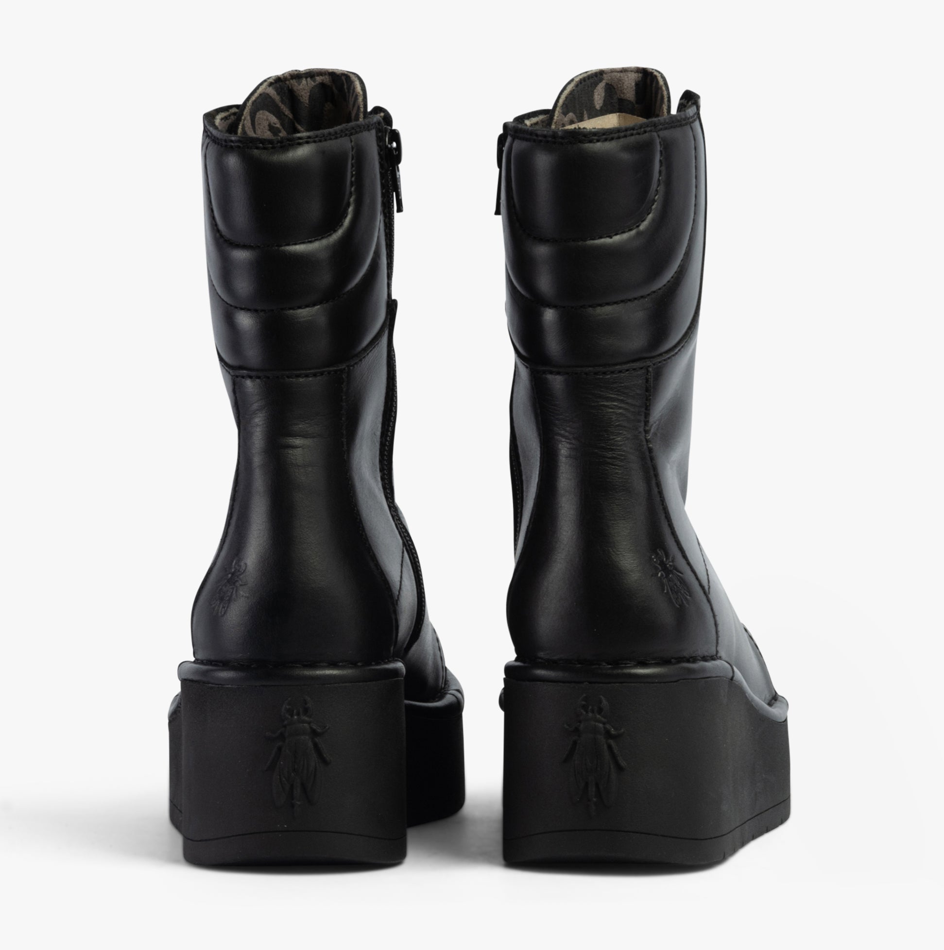 Fly London HAIF269FLY Womens Boots Black rear view showcasing leather and block heel design.