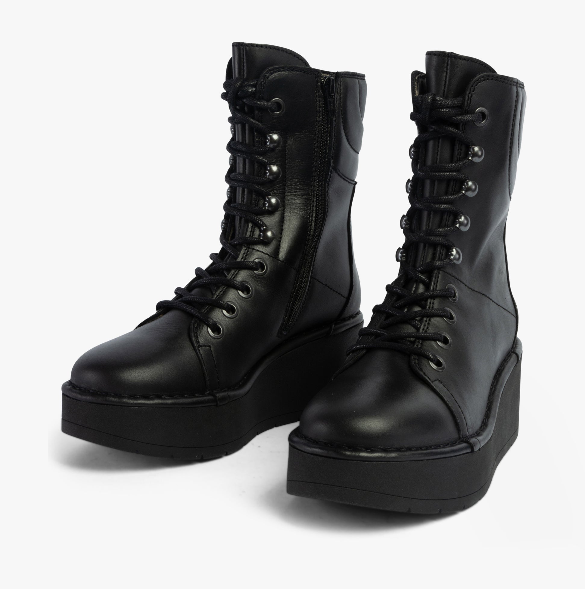 Fly London HAIF269FLY Womens Boots Black side view showing lace-up design and block heel.