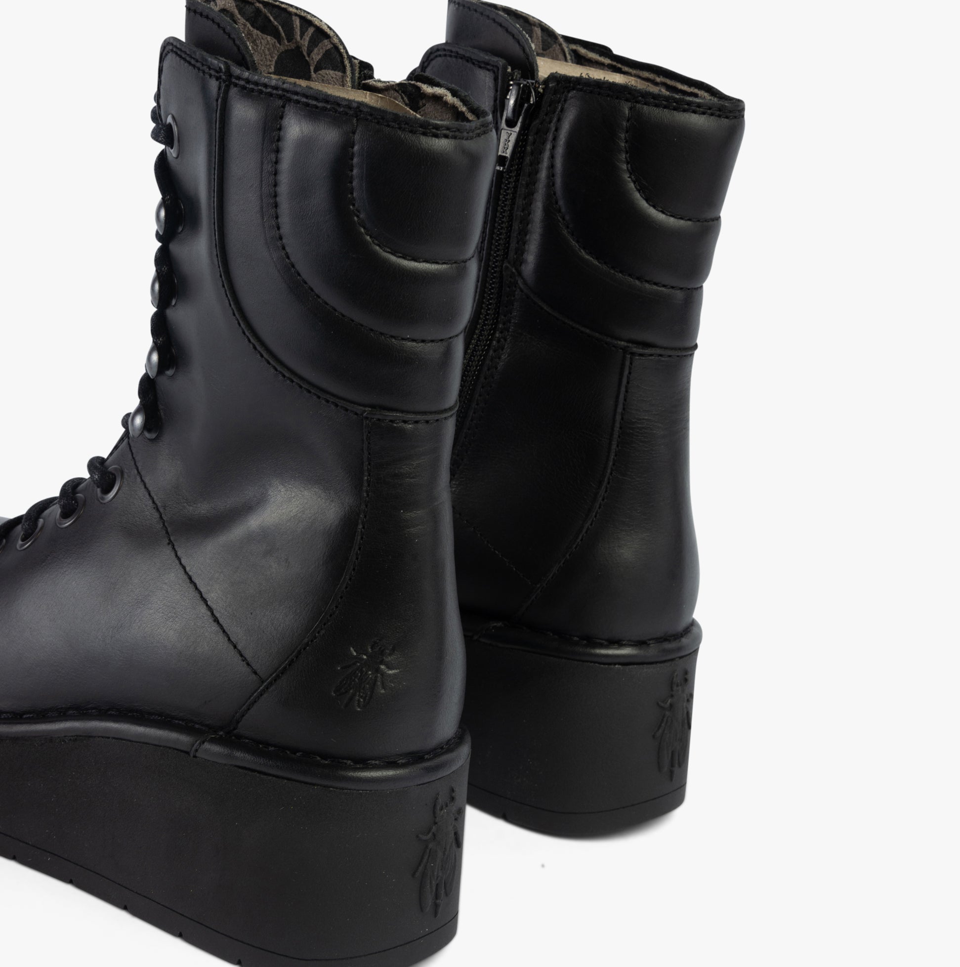 Fly London HAIF269FLY Womens Boots Black rear view showing stylish lace-up design and block heel.