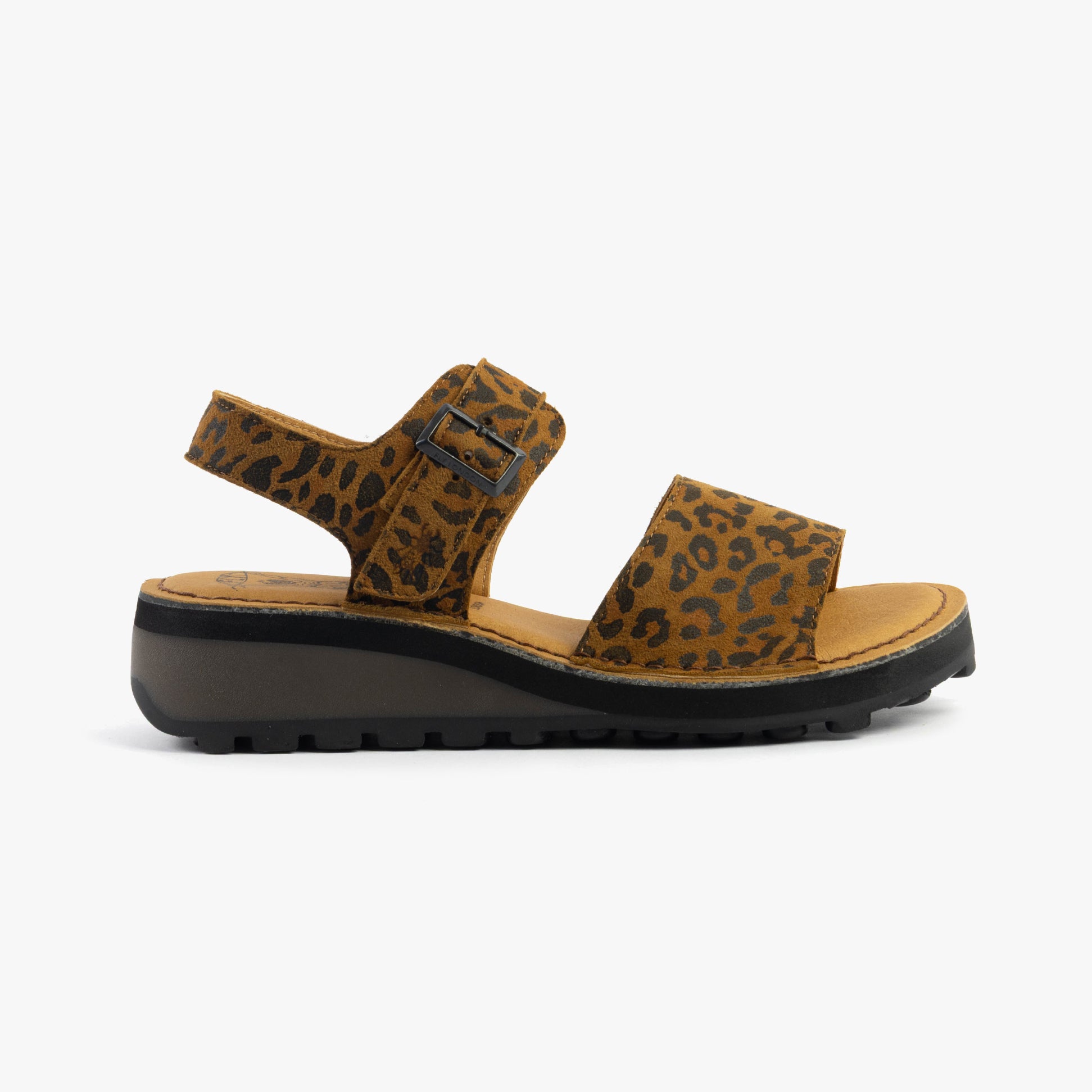 Fly London HALY559FLY Womens Sandals Tan side view featuring a wedge heel and leopard print design.