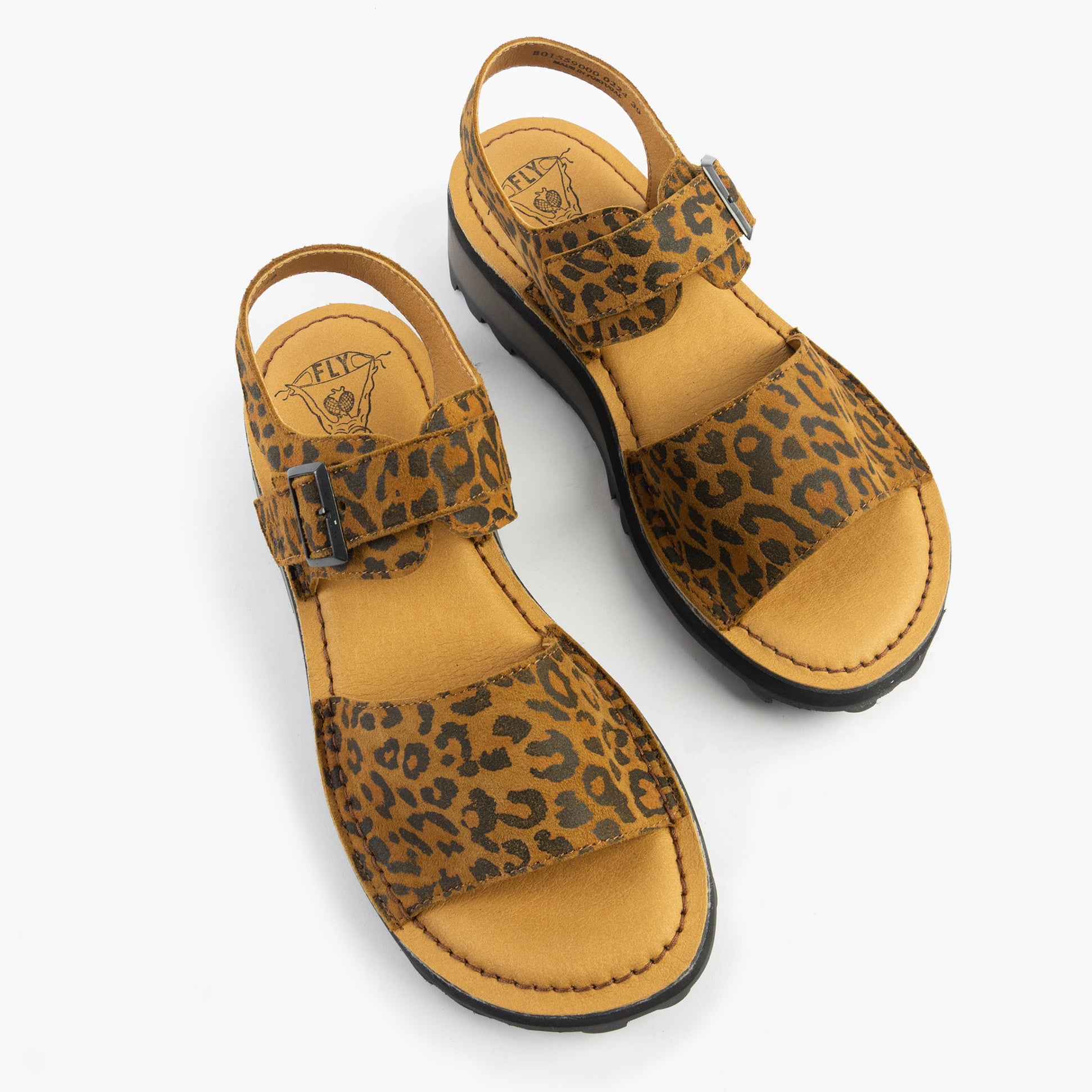 Fly London HALY559FLY Womens Sandals Tan top view with leopard print pattern and buckle closure.