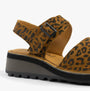 Fly London HALY559FLY Womens Sandals Tan detail view featuring leopard print upper and wedge heel.
