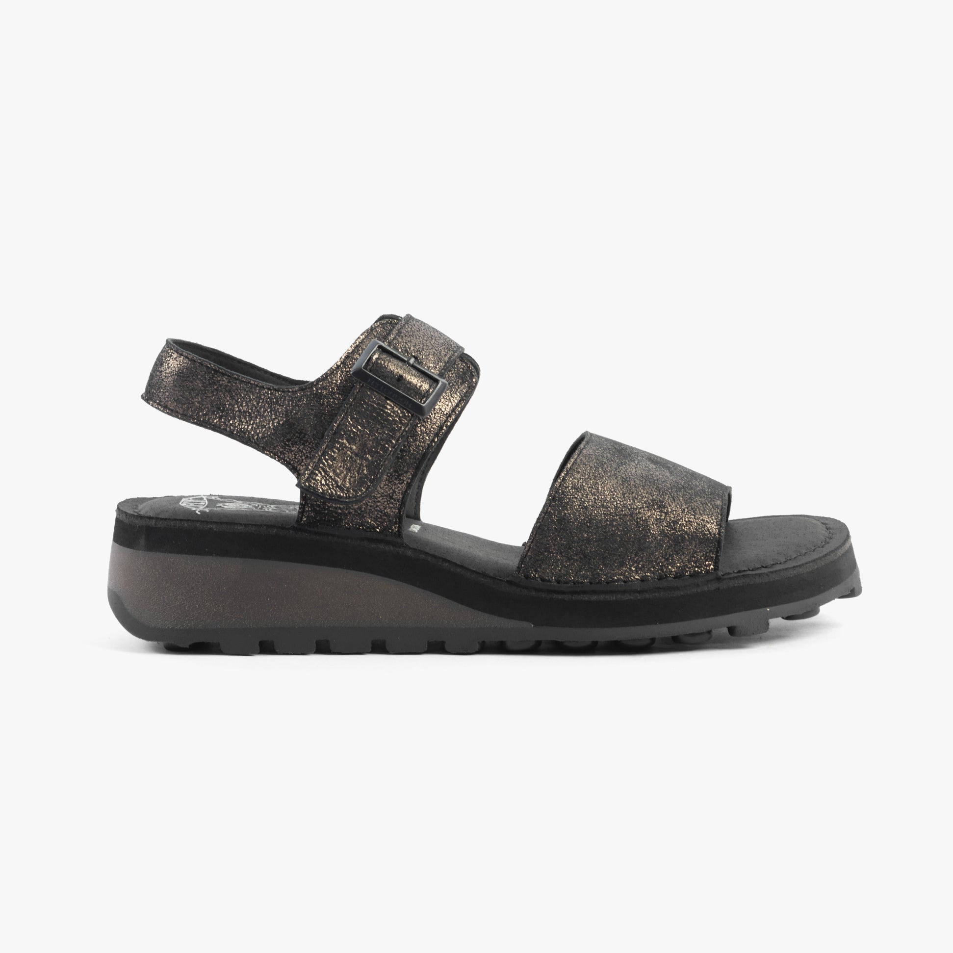 Fly London HALY559FLY Womens Sandals Graphite side view showing leather upper and wedge heel design.