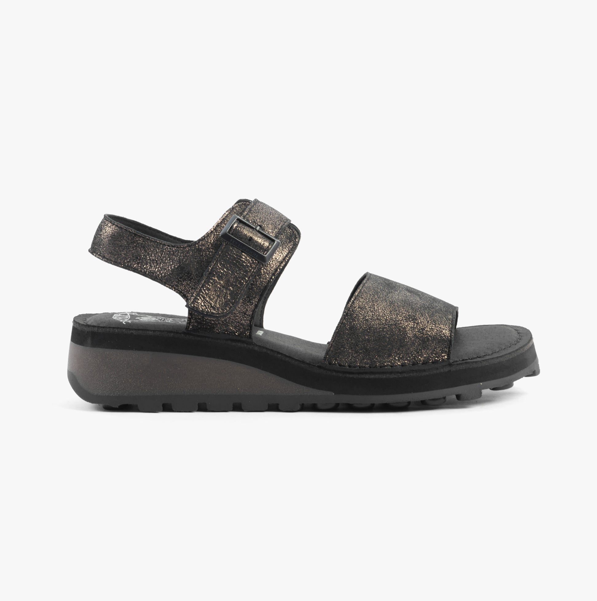 Fly London HALY559FLY Womens Sandals Graphite side view showing leather upper and wedge heel design.