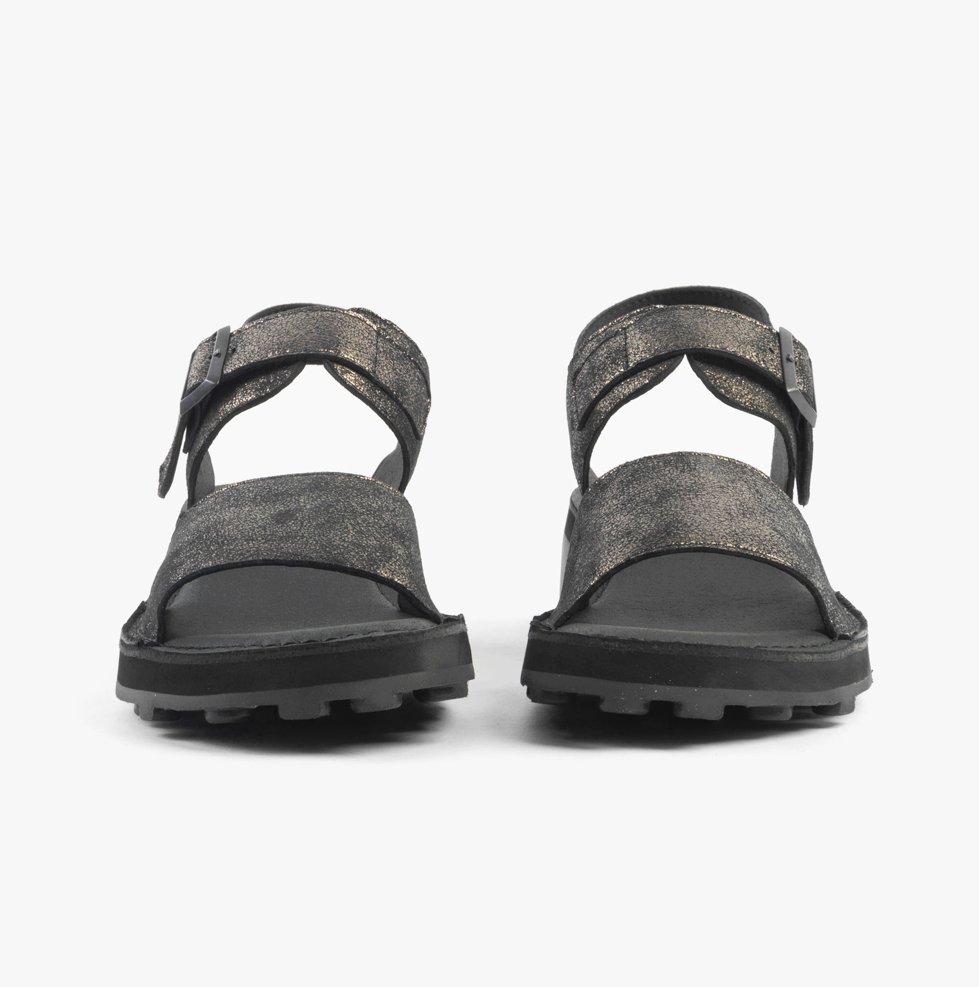 Fly London HALY559FLY Womens Sandals Graphite front view showcasing leather upper and buckle closure.
