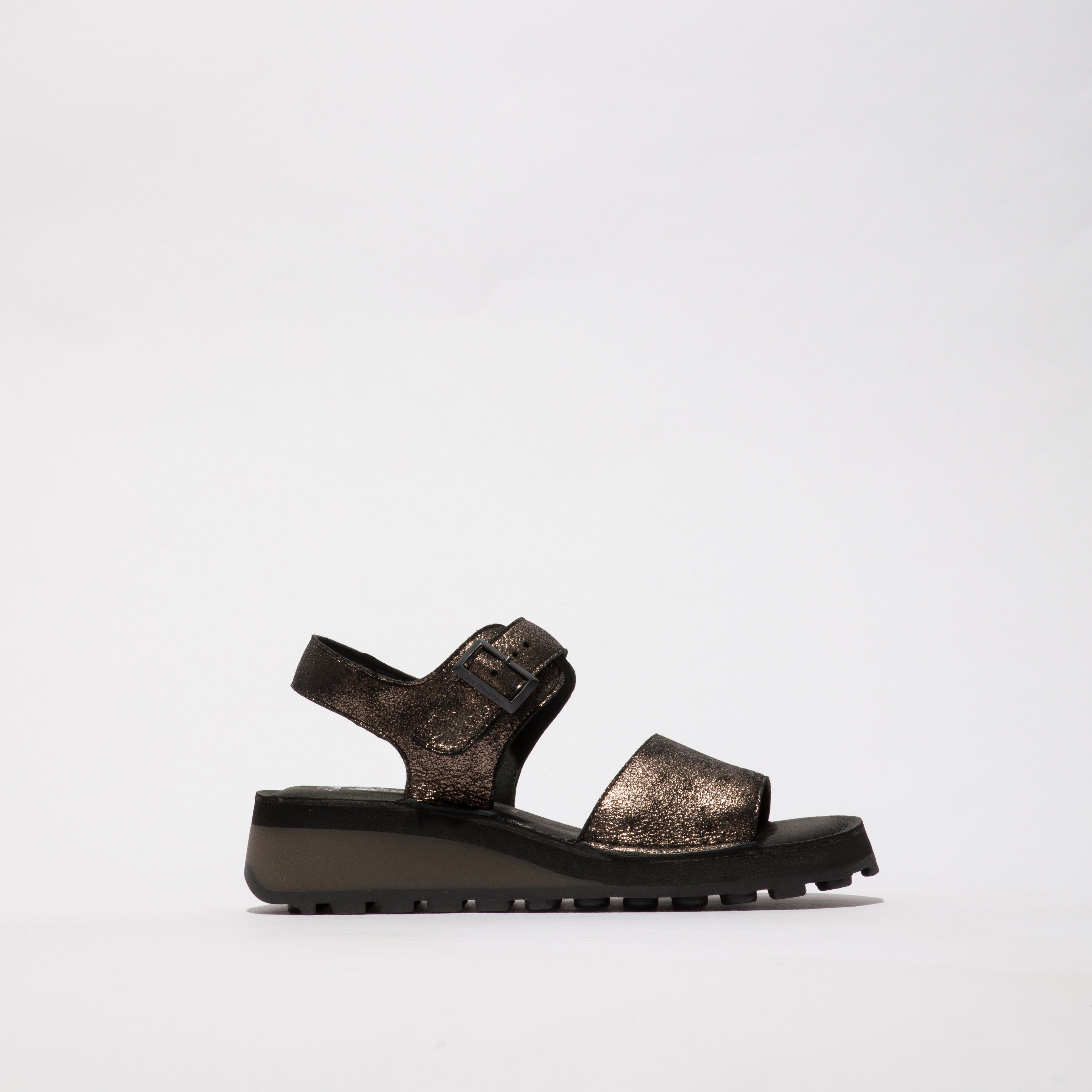 Fly London HALY559FLY Womens Sandals Graphite side view showcasing leather upper and wedge heel design.