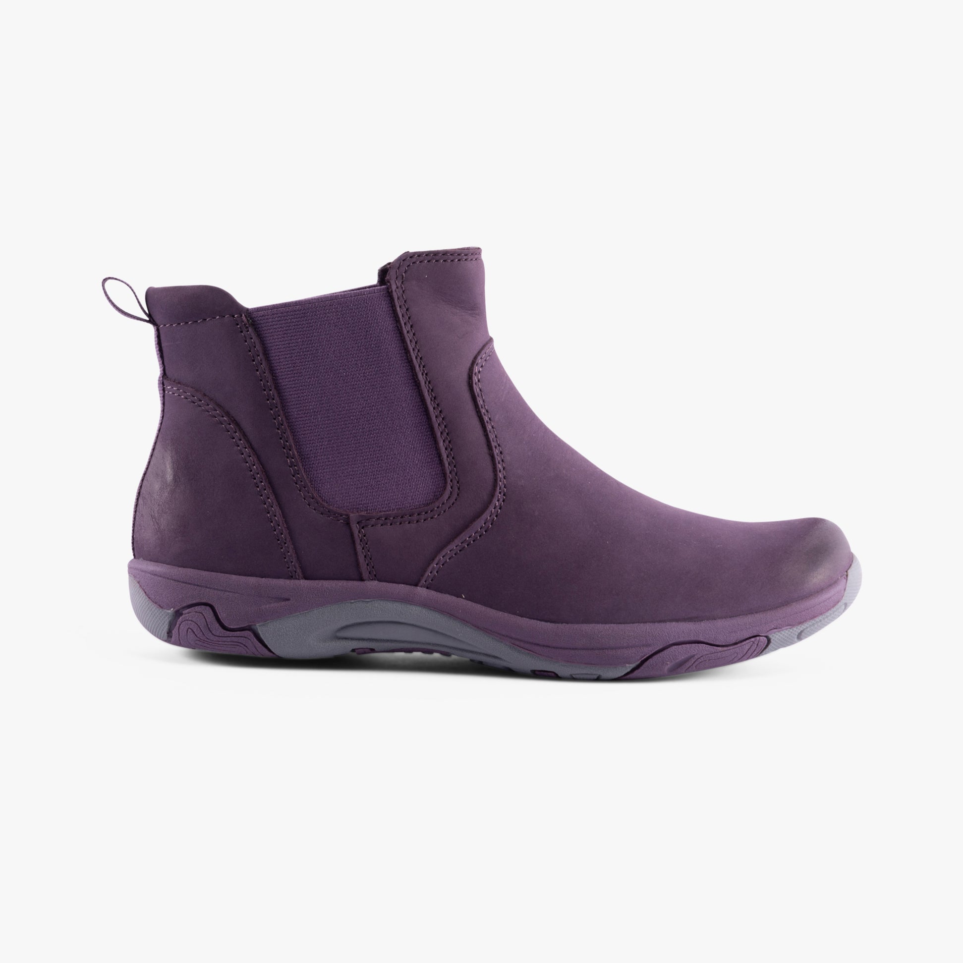 Free Spirit PRETA Womens Boots Plum side view showcasing suede upper and elasticated side panel in purple.