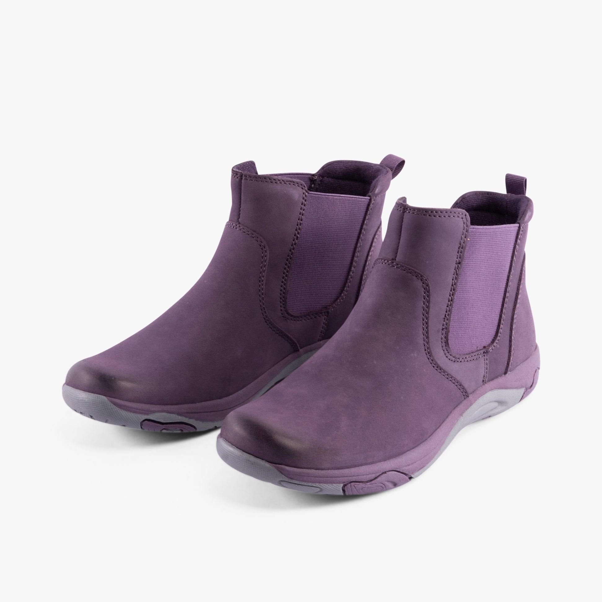 Free Spirit PRETA Womens Boots Plum side view showcasing suede upper and elasticated side panels.