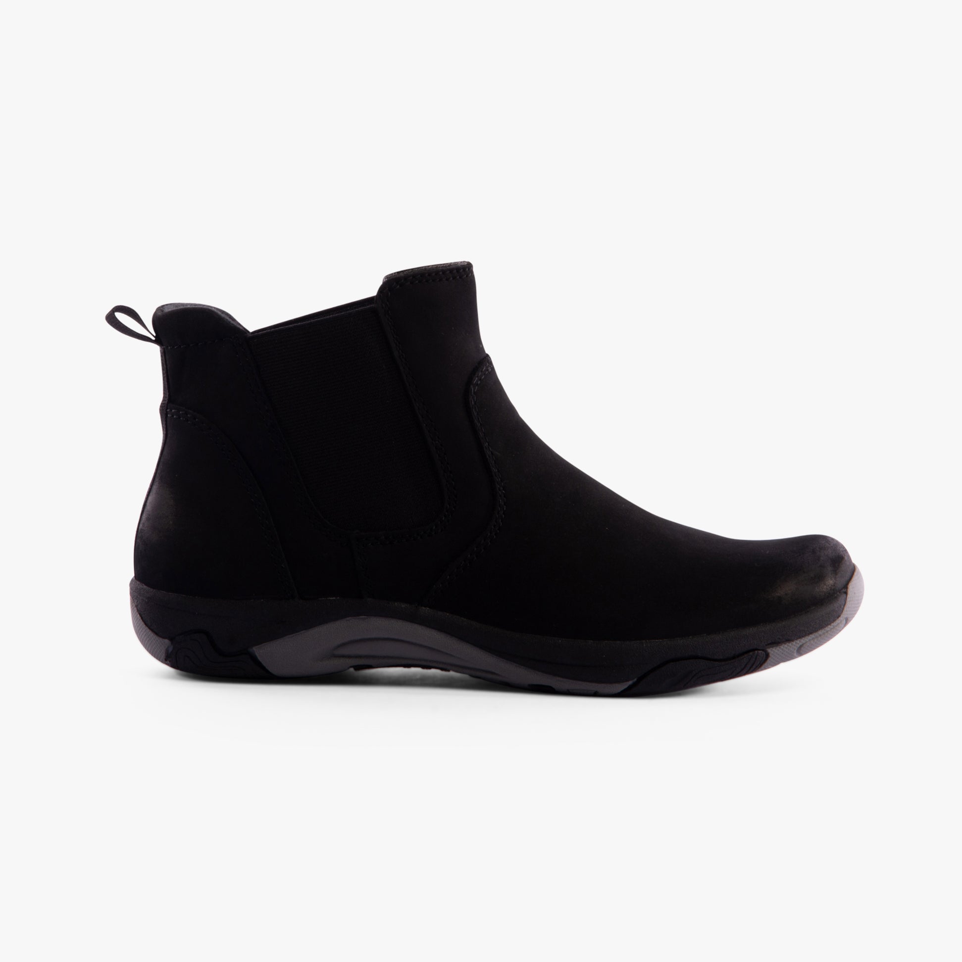 Free Spirit PRETA Womens Boots Black side view showcasing ankle boot design and suede upper.