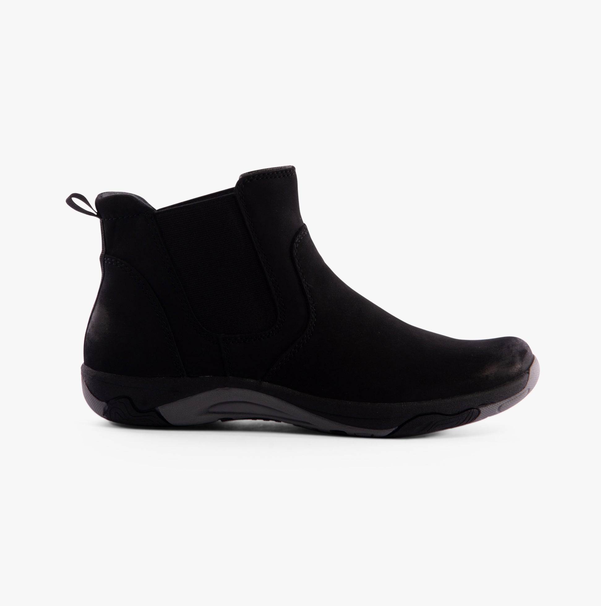 Free Spirit PRETA Womens Boots Black side view showcasing ankle boot design and suede upper.