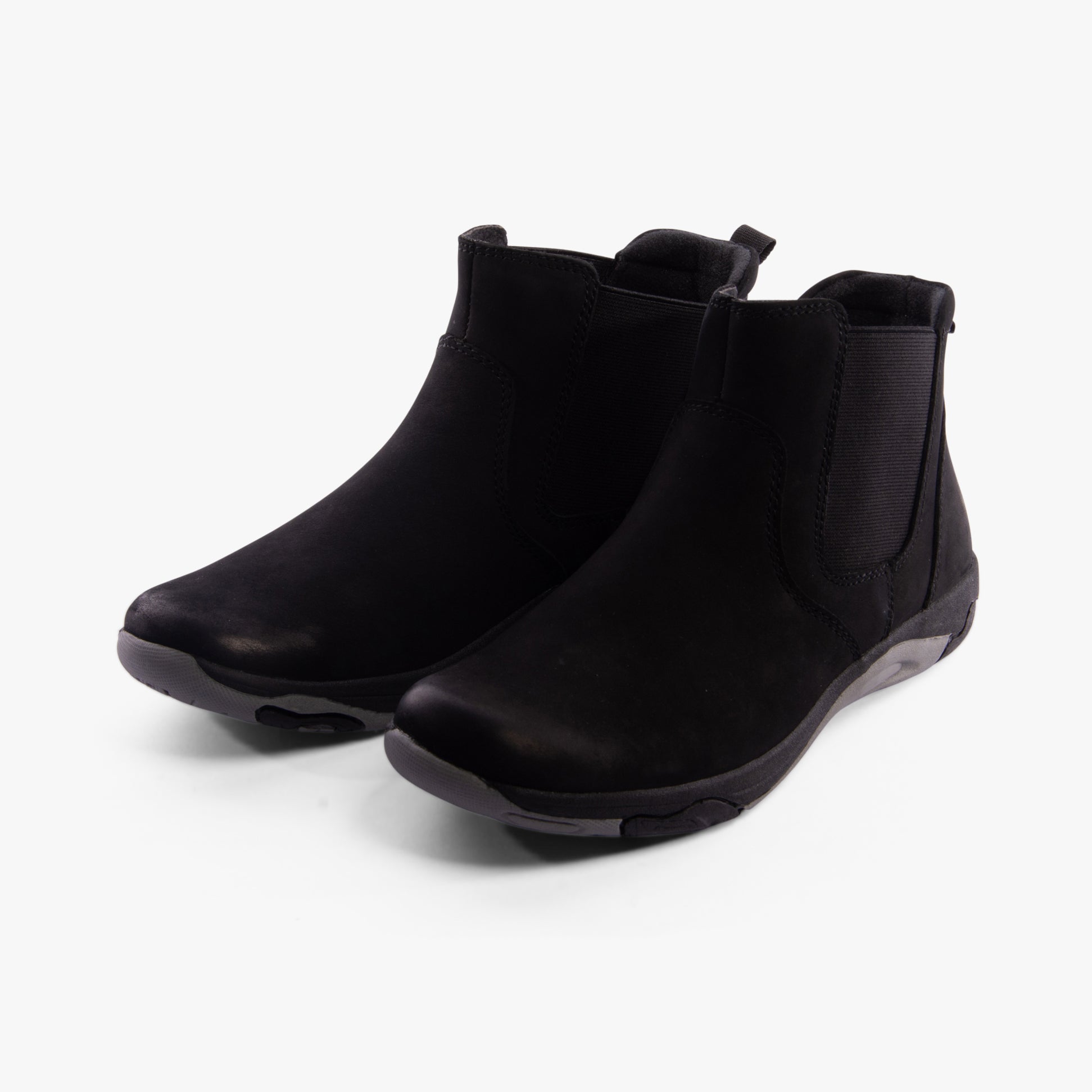 Free Spirit PRETA Womens Boots Black side view showcasing suede upper, ankle height, and elasticated side panel features.