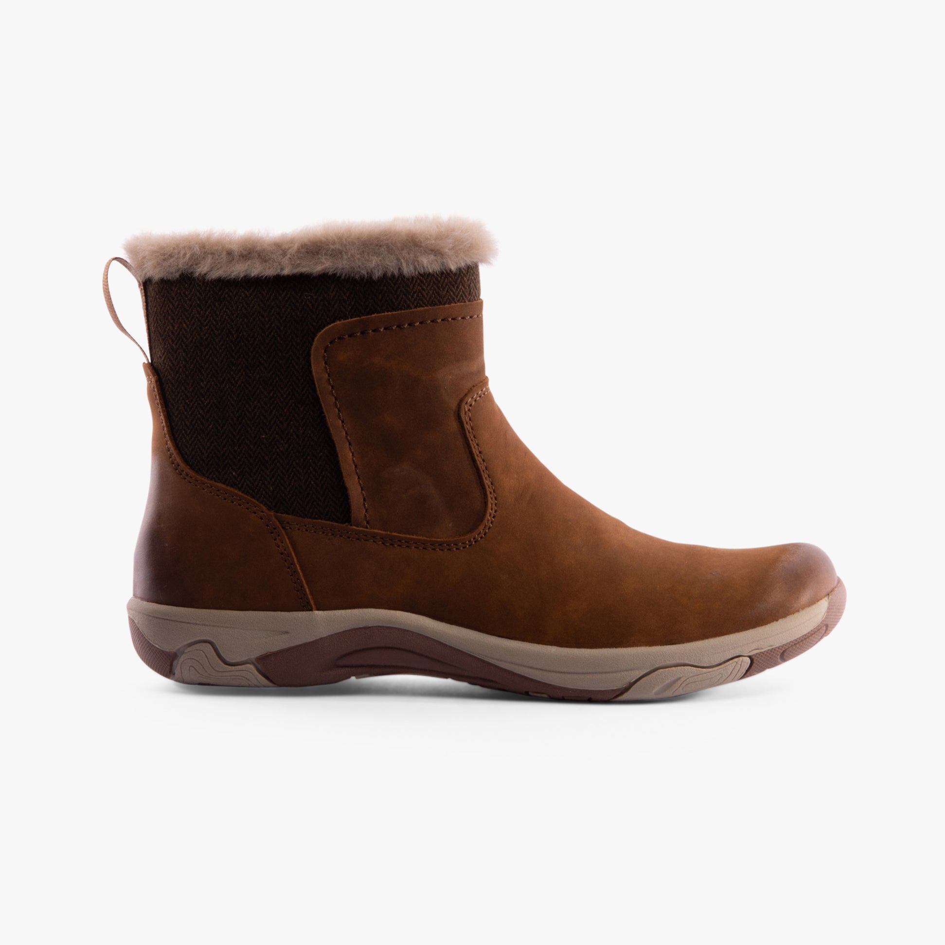 Free Spirit CHARLIE Womens Boots Monks Robe side view of brown ankle boots with fur lining and synthetic sole.