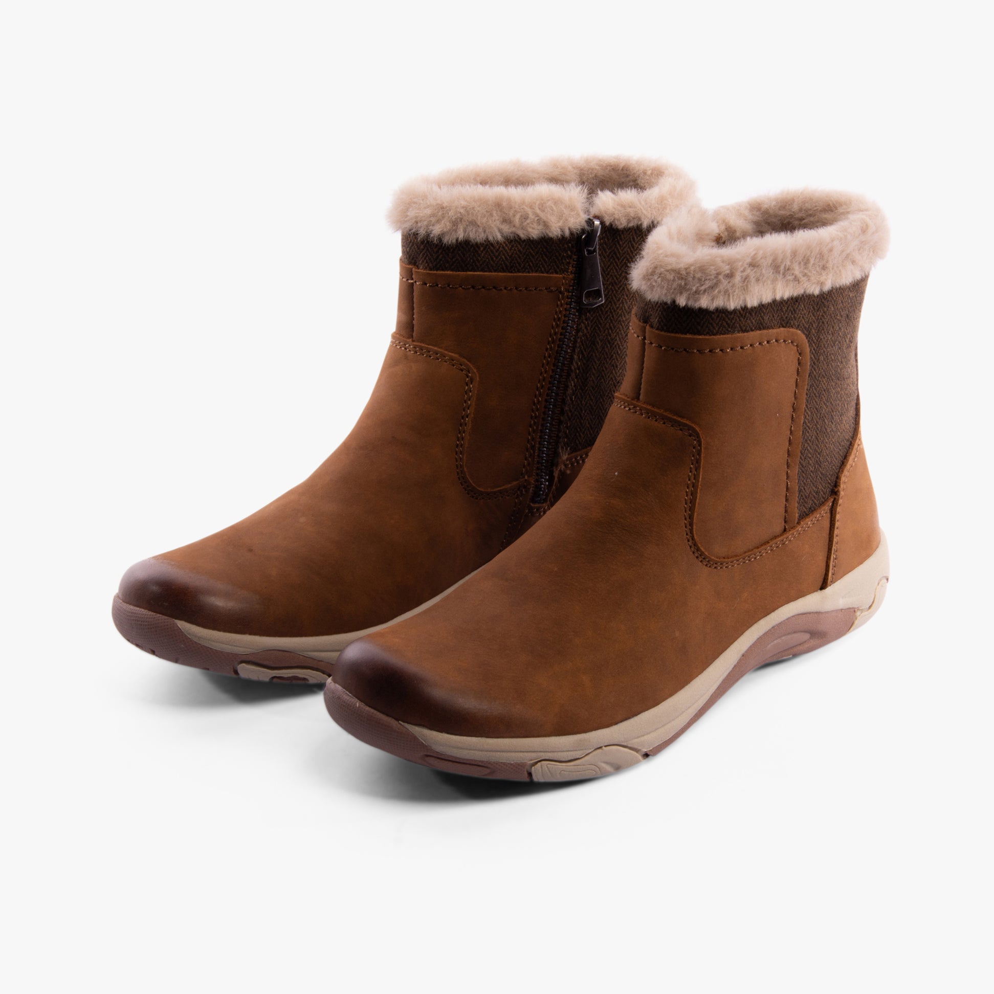 Free Spirit CHARLIE Womens Boots Monks Robe side view of brown ankle boots with fur lining and zip closure.