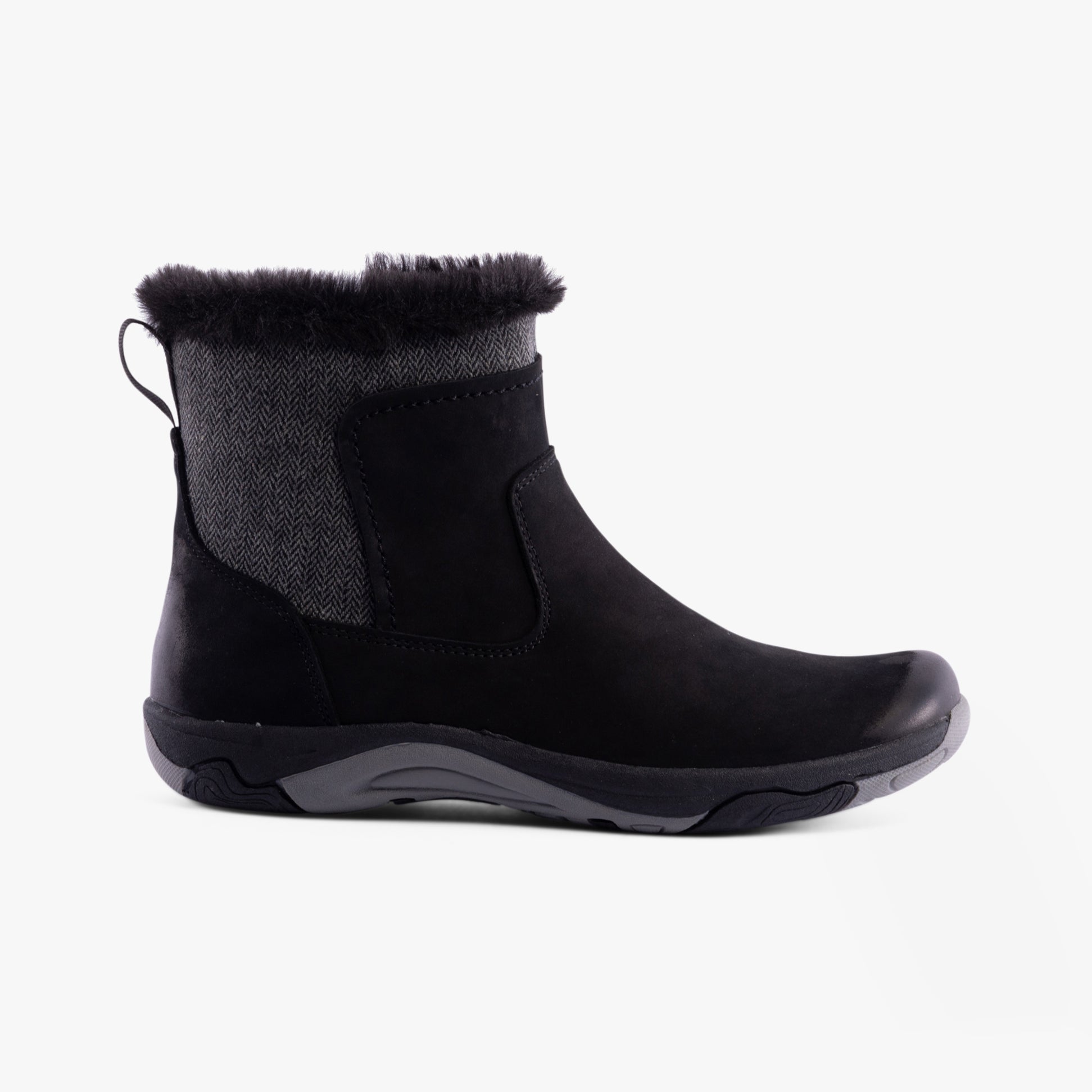 Free Spirit CHARLIE Womens Boots Black side view showing ankle height, leather and textile upper, and memory foam features.
