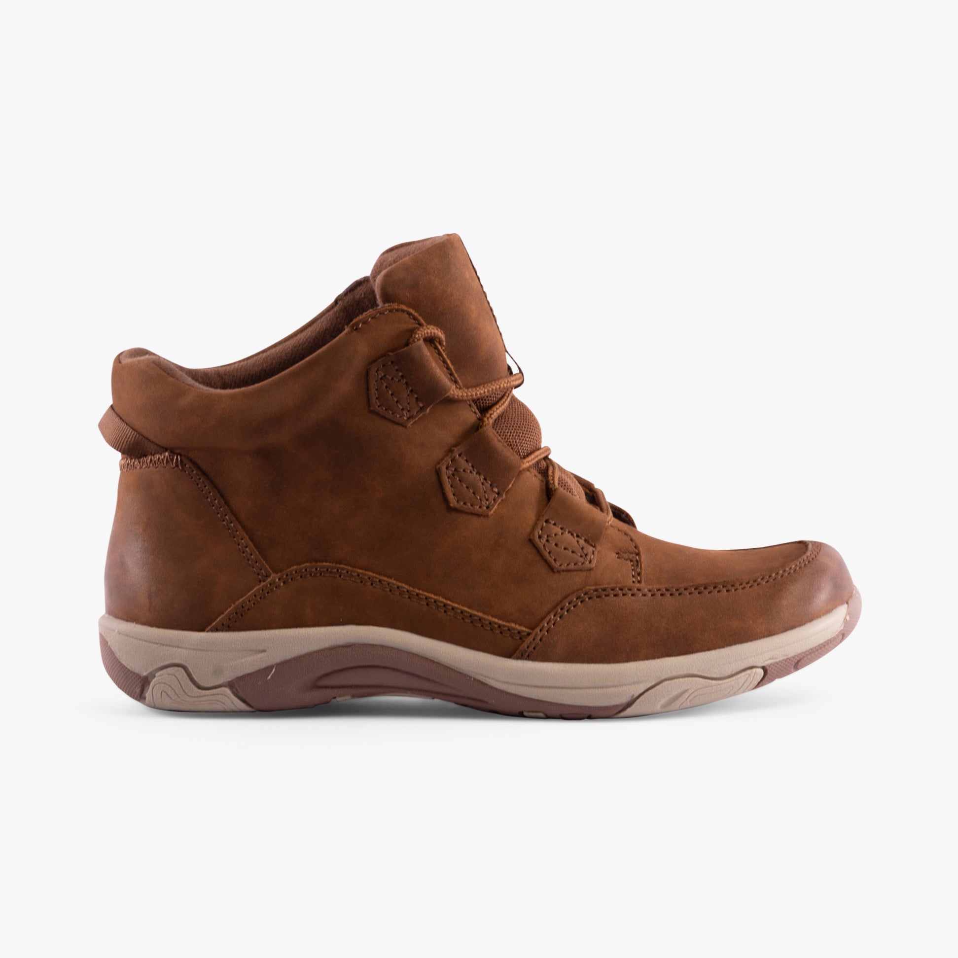 Free Spirit GEM Womens Boots Monks Robe side view brown leather ankle boots with lace-up closure and low heel.