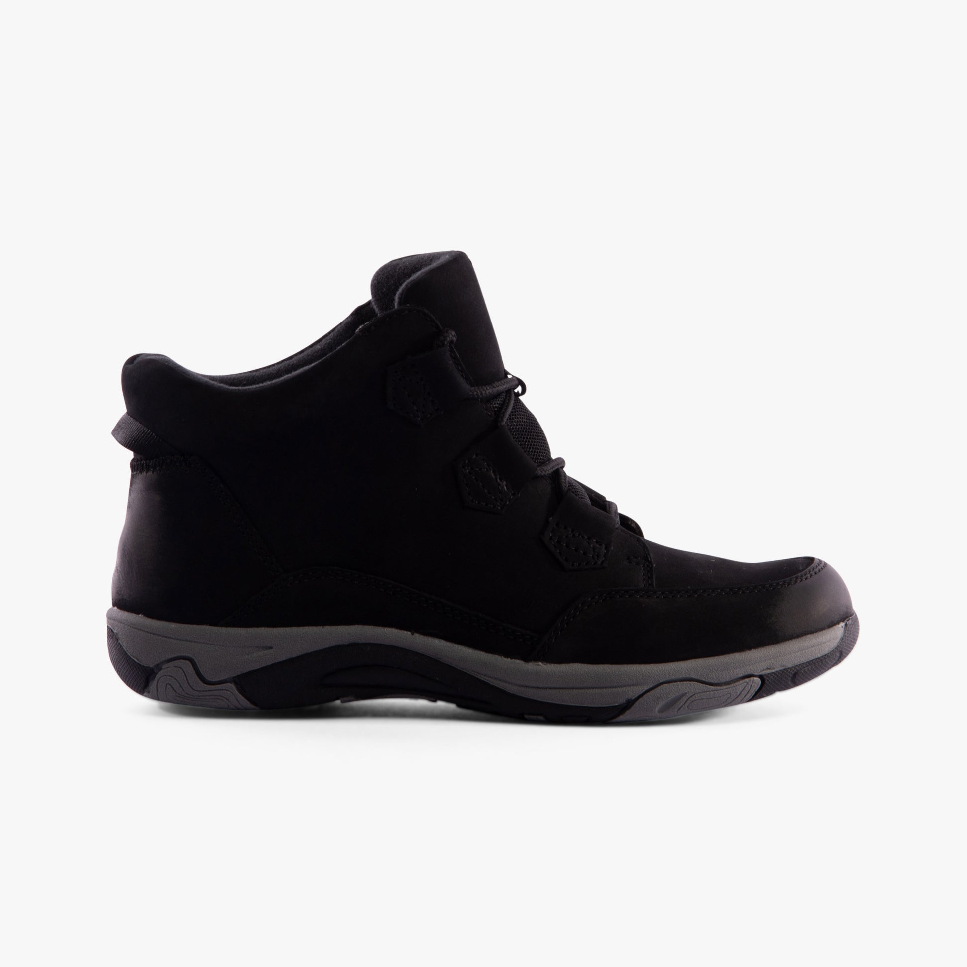 Free Spirit GEM Womens Boots Black side view featuring lace-up design and low heel for comfort and style.