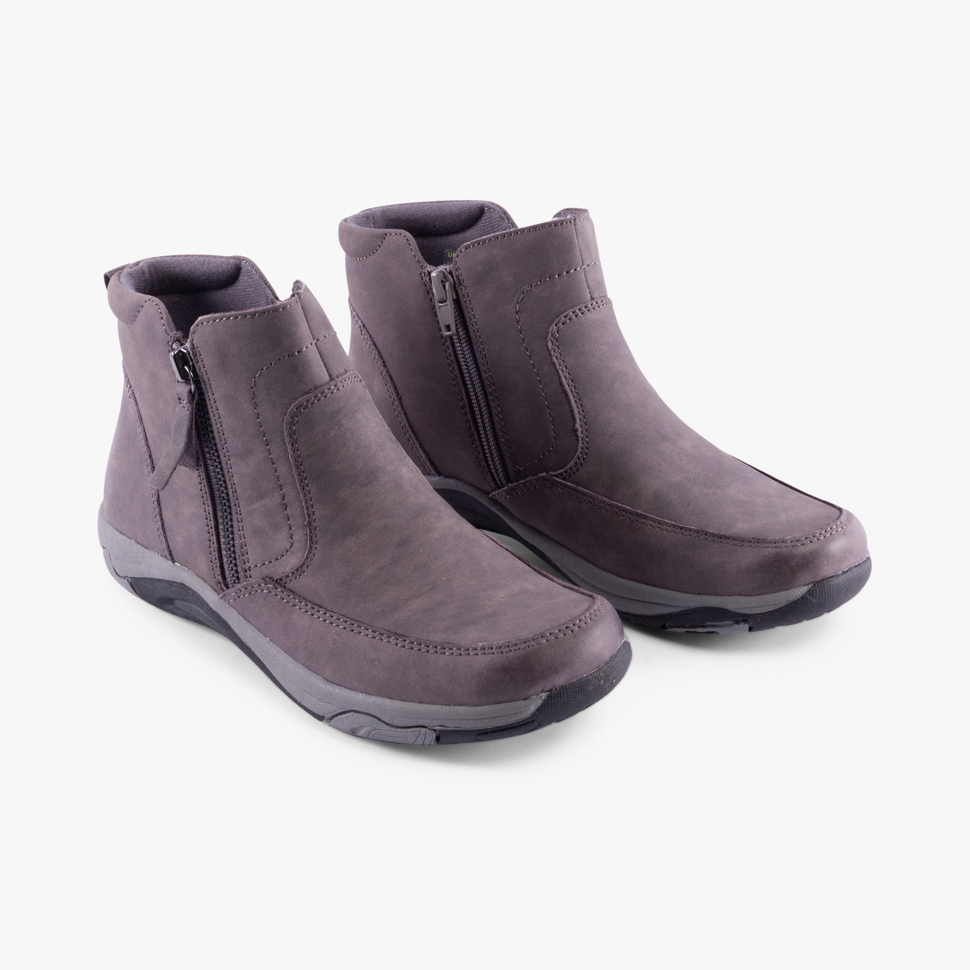 Free Spirit VEDA Womens Boots Grey side view showing leather material, zip closure, and low heel design.