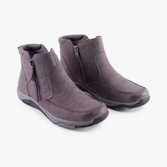 Free Spirit VEDA Womens Boots Grey side view showing leather material, zip closure, and low heel design.