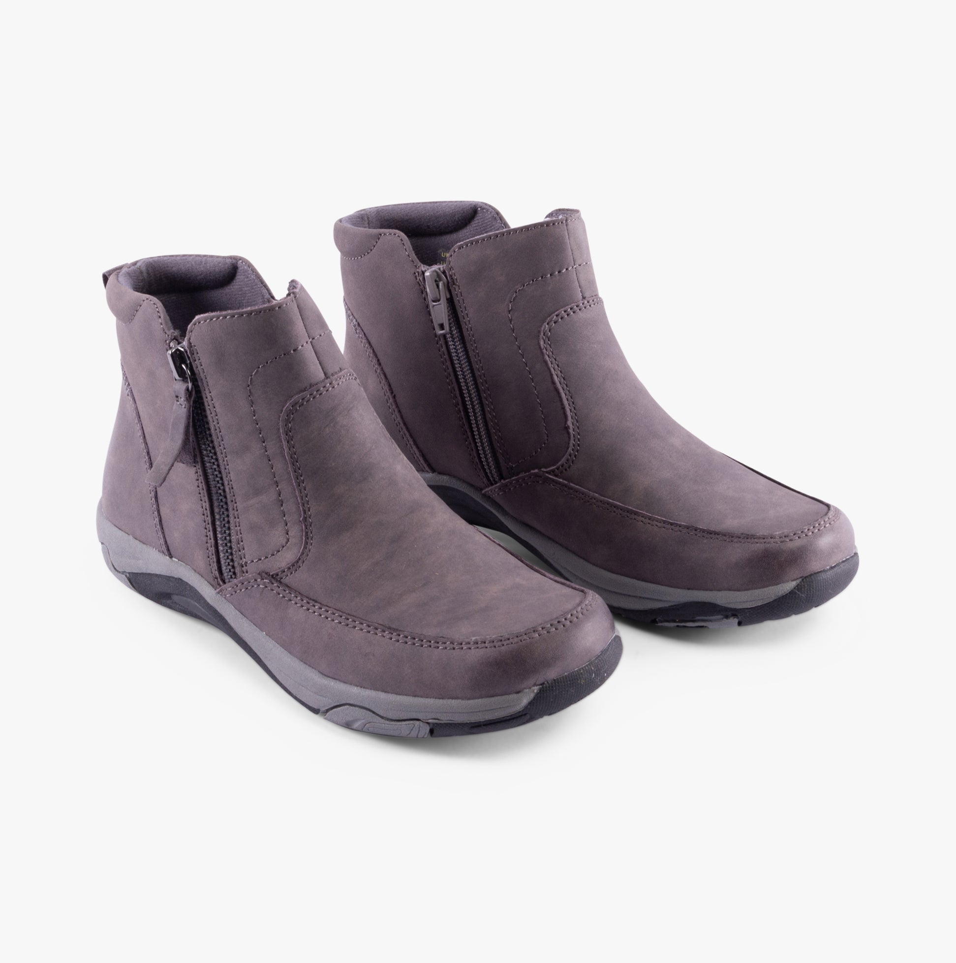 Free Spirit VEDA Womens Boots Grey side view showing leather material, zip closure, and low heel design.