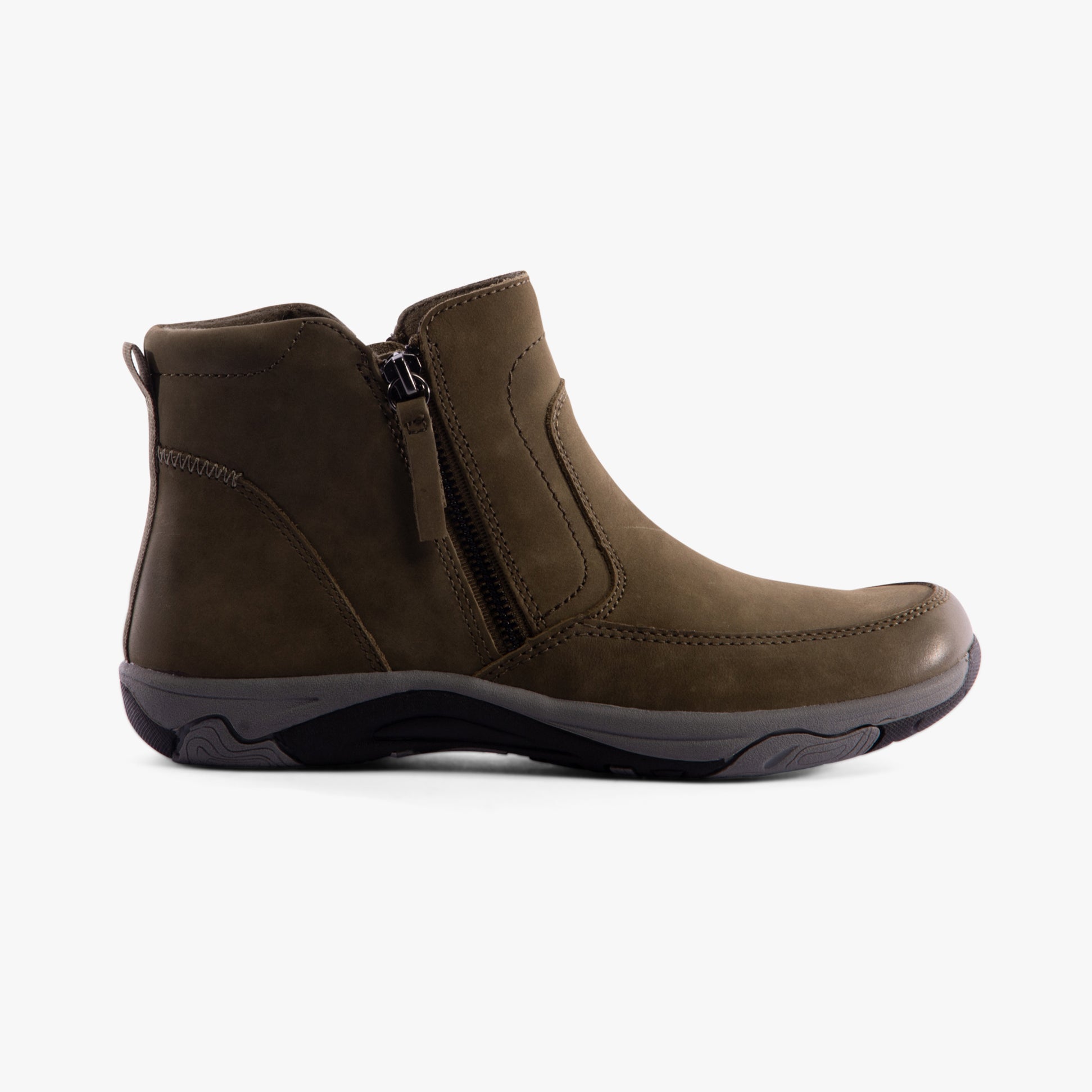 Free Spirit VEDA Womens Boots Olive side view showcasing leather ankle boots with zip closure and low heel.