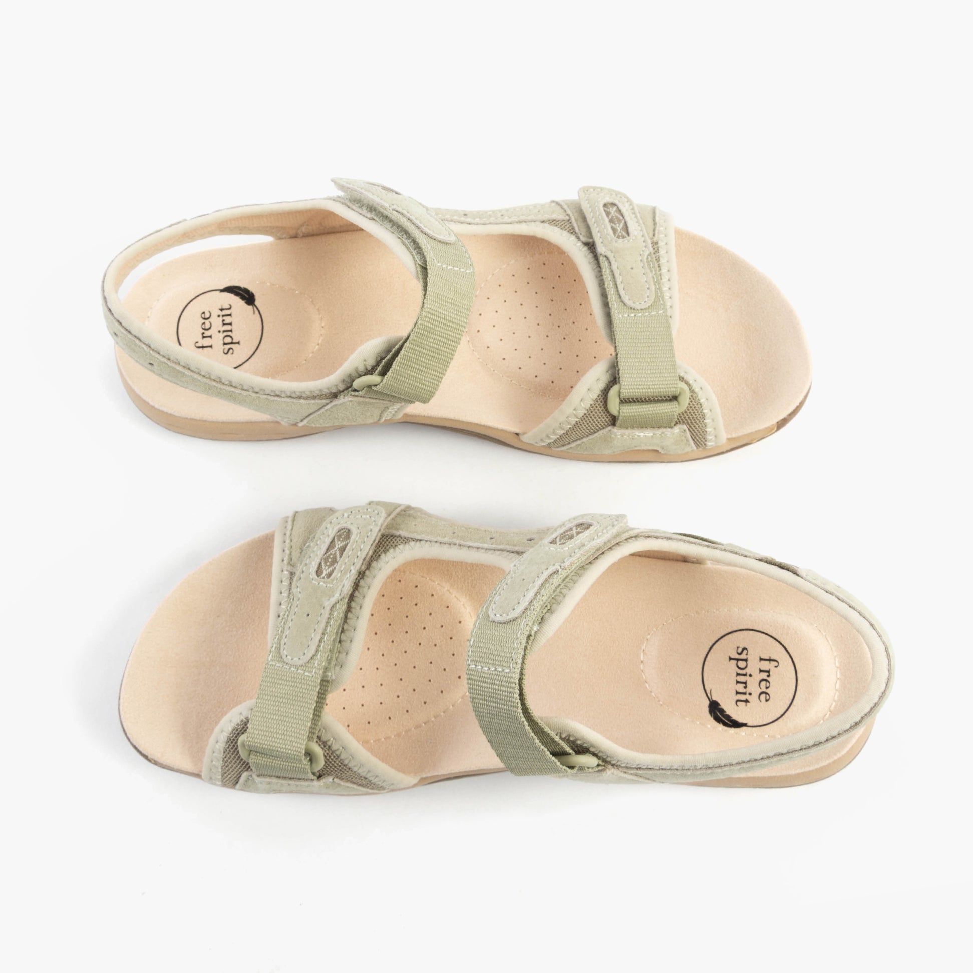 Free Spirit FRISCO Womens Sandals Elm top view featuring suede upper, textile lining, and rubber sole with touch fasten.