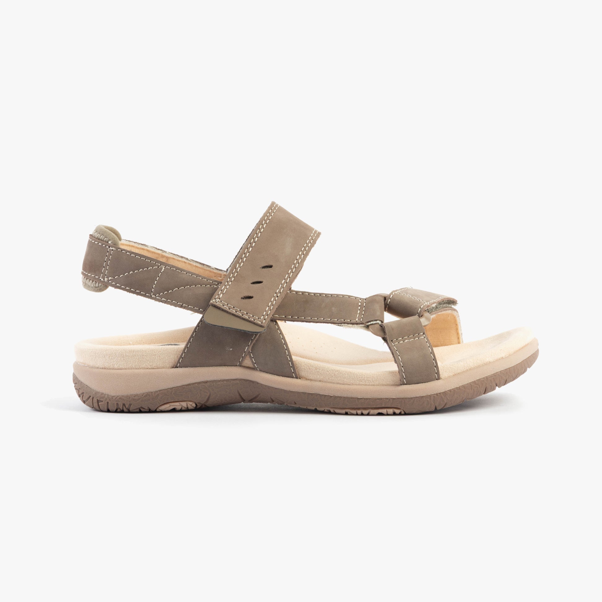 Free Spirit ELARA Womens Sandals Walnut side view showcasing leather upper and rubber sole with touch fasten closure.