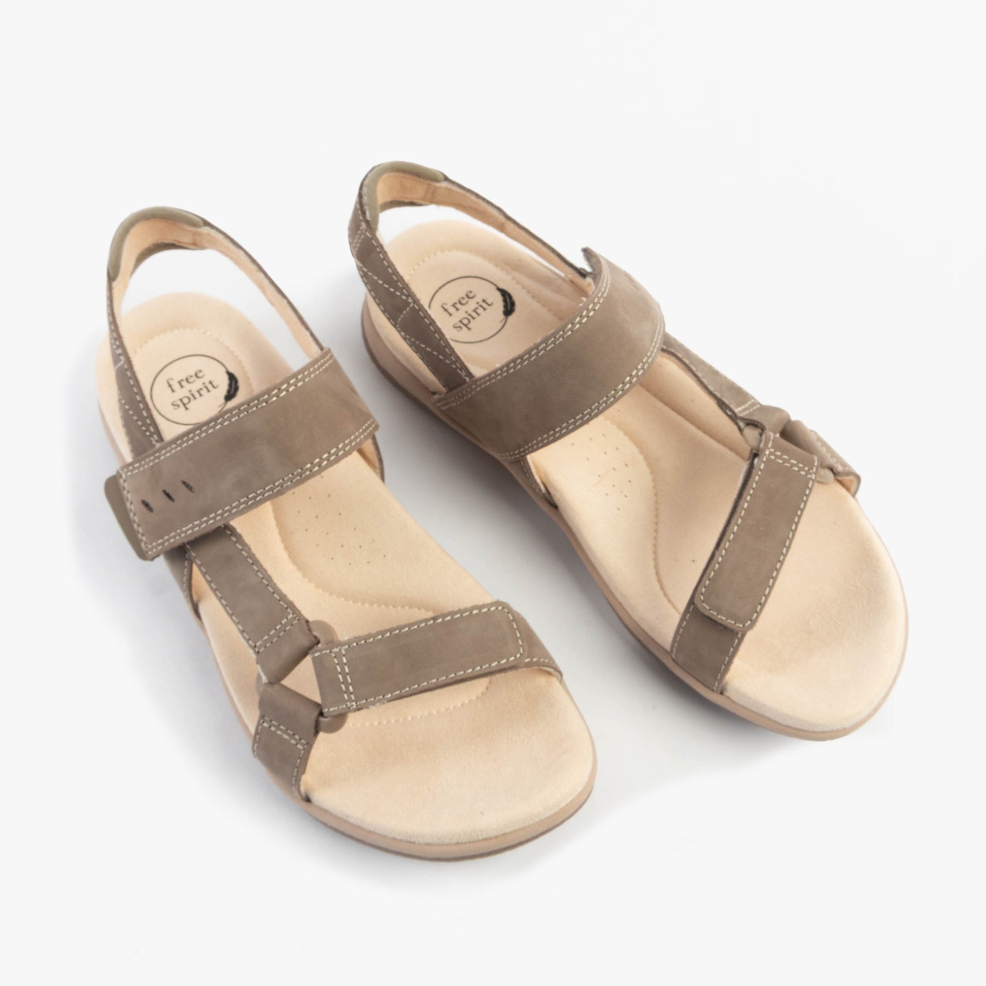 Free Spirit ELARA Womens Sandals Walnut top view showcasing leather upper and touch fasten straps.