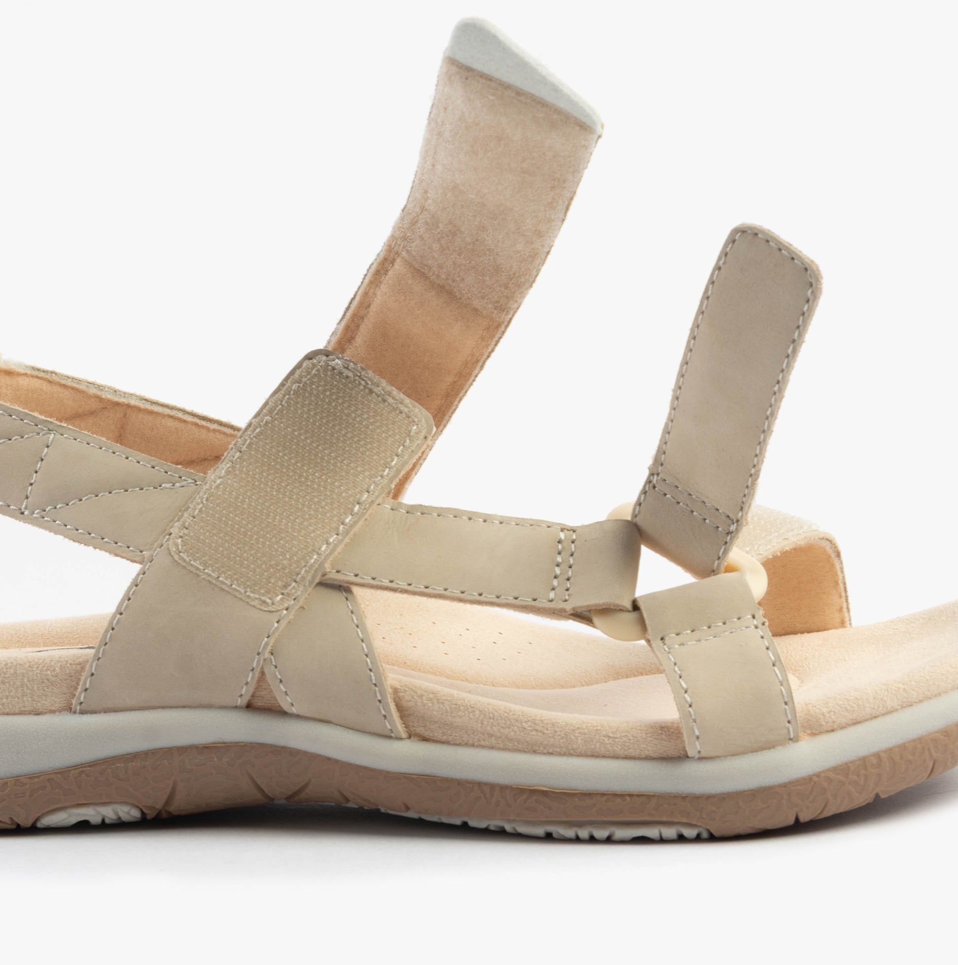 Free Spirit ELARA Womens Sandals Parchment side view showing leather upper and touch fasten straps.