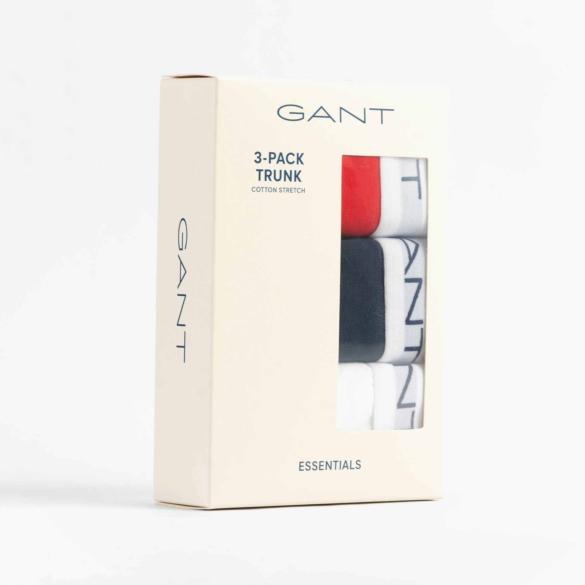 GANT TRUNK 3-PACK Multicolour in gift box, showcasing three trunks in navy, red, and white colors, front view.