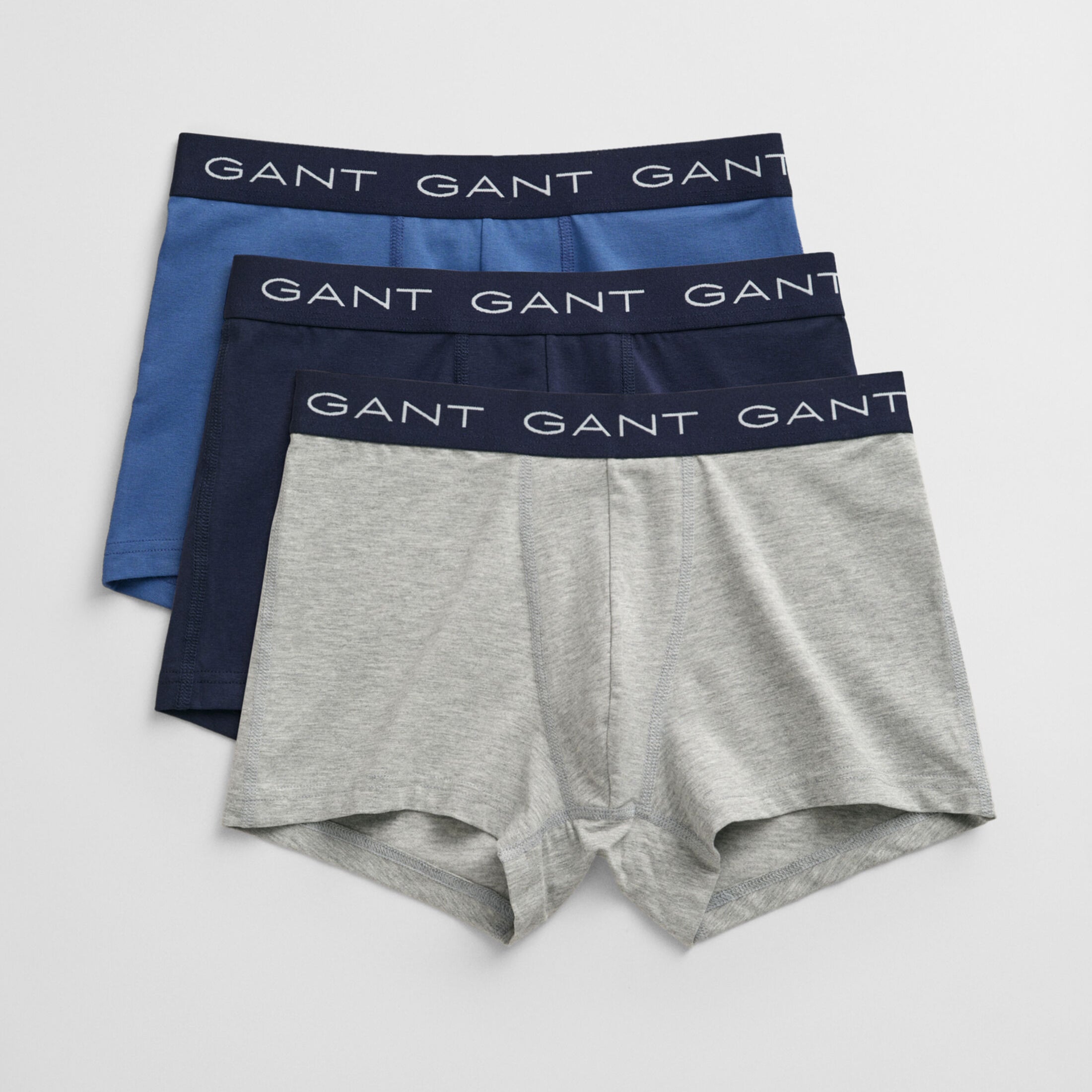GANT TRUNK 3-Pack Mens Light Grey Melange front view showcasing three trunks with jacquard waistband.
