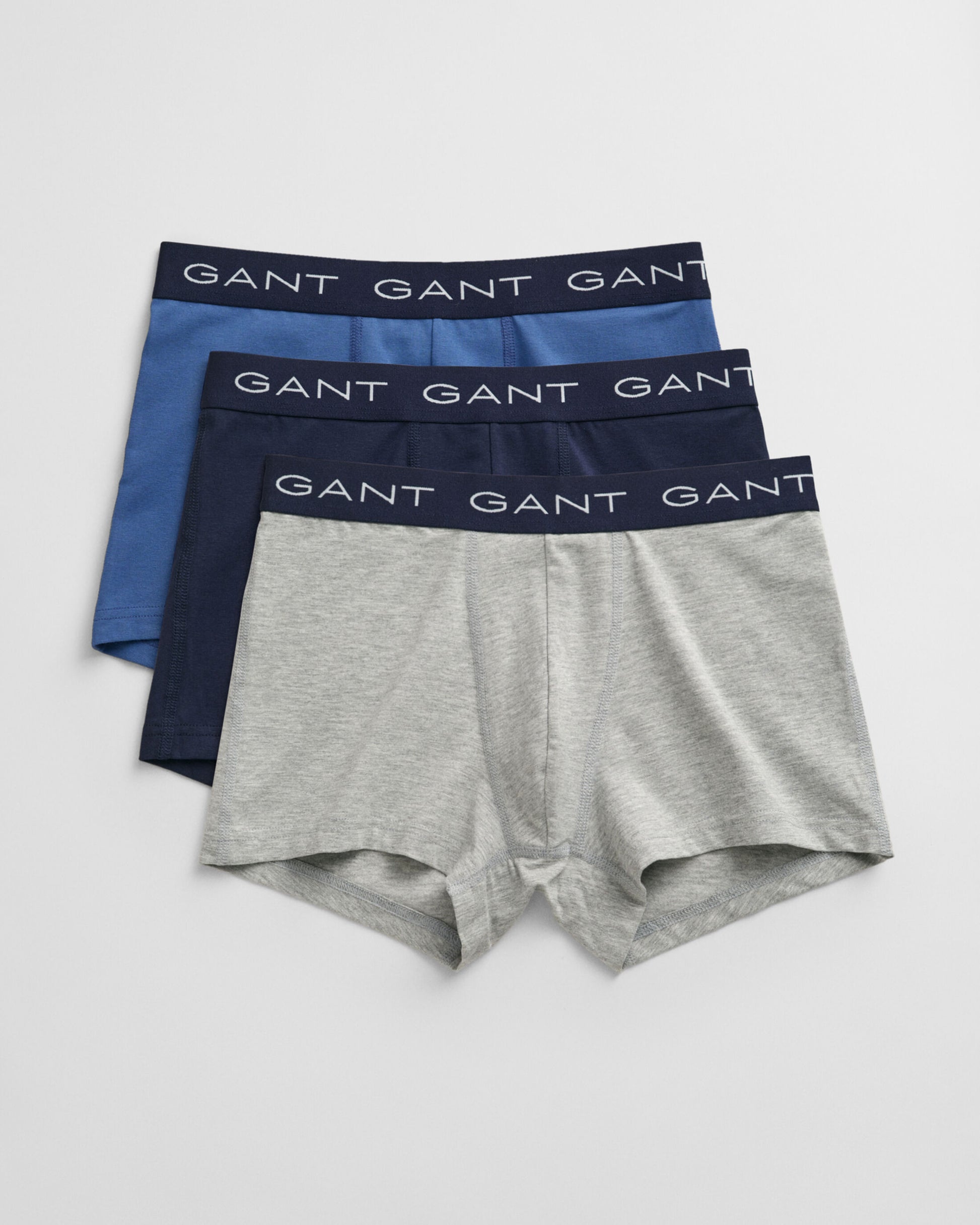 GANT TRUNK 3-Pack Mens Light Grey Melange front view showcasing three trunks with jacquard waistband.