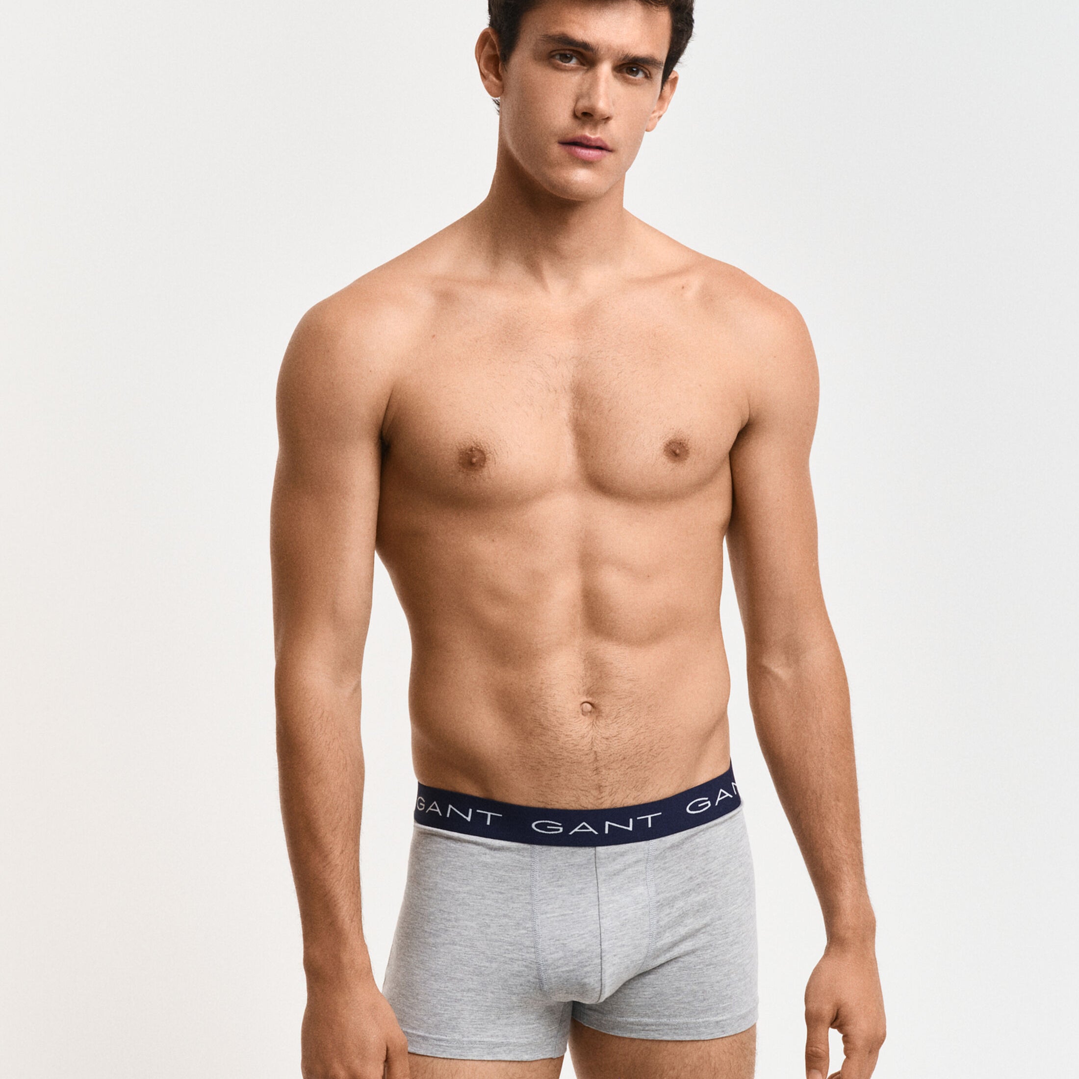 GANT TRUNK 3-Pack Mens Light Grey Melange front view on model showcasing fit and elastic waistband.