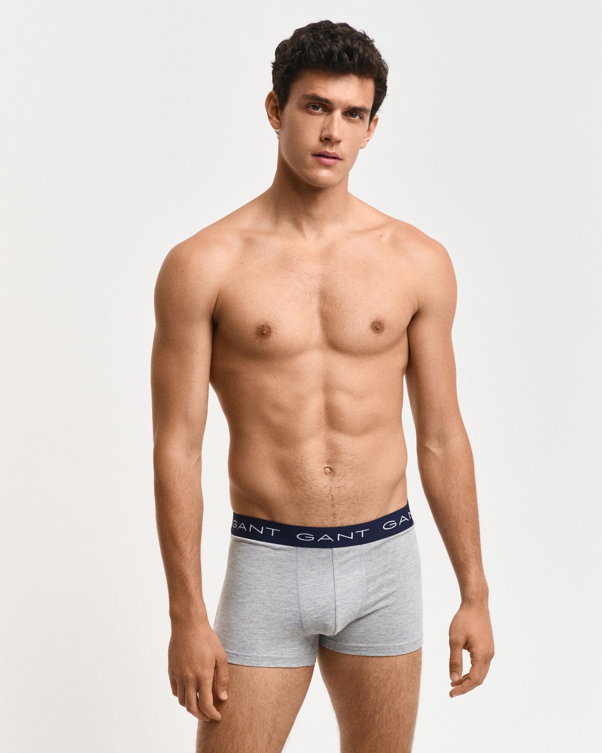 GANT TRUNK 3-Pack Mens Light Grey Melange front view on model showcasing fit and elastic waistband.