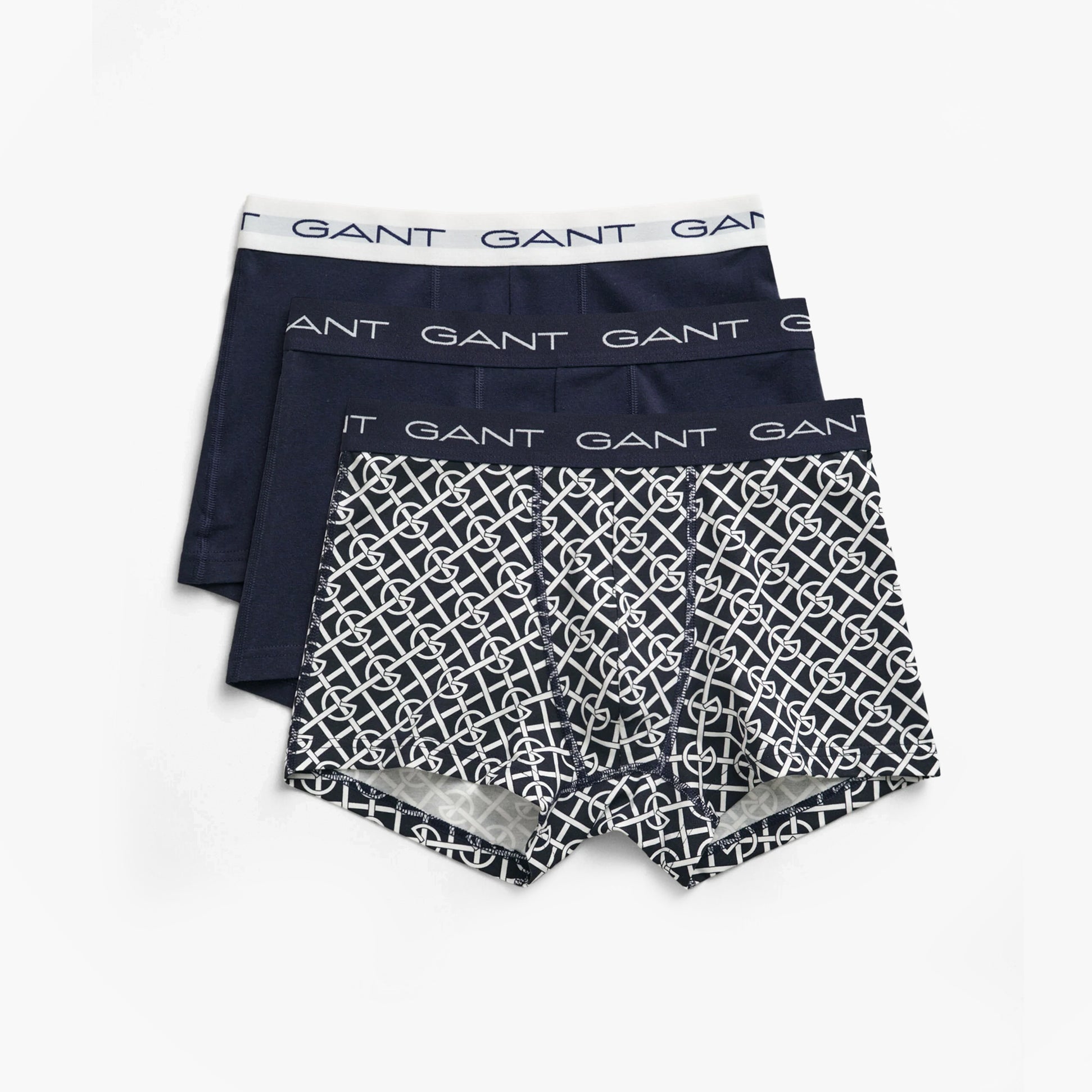 GANT G PATTERN Mens Trunks 3-Pack Evening Blue, front view showing three pairs of trunks in dark blue and patterned design.