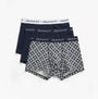 GANT G PATTERN Mens Trunks 3-Pack Evening Blue, front view showing three pairs of trunks in dark blue and patterned design.