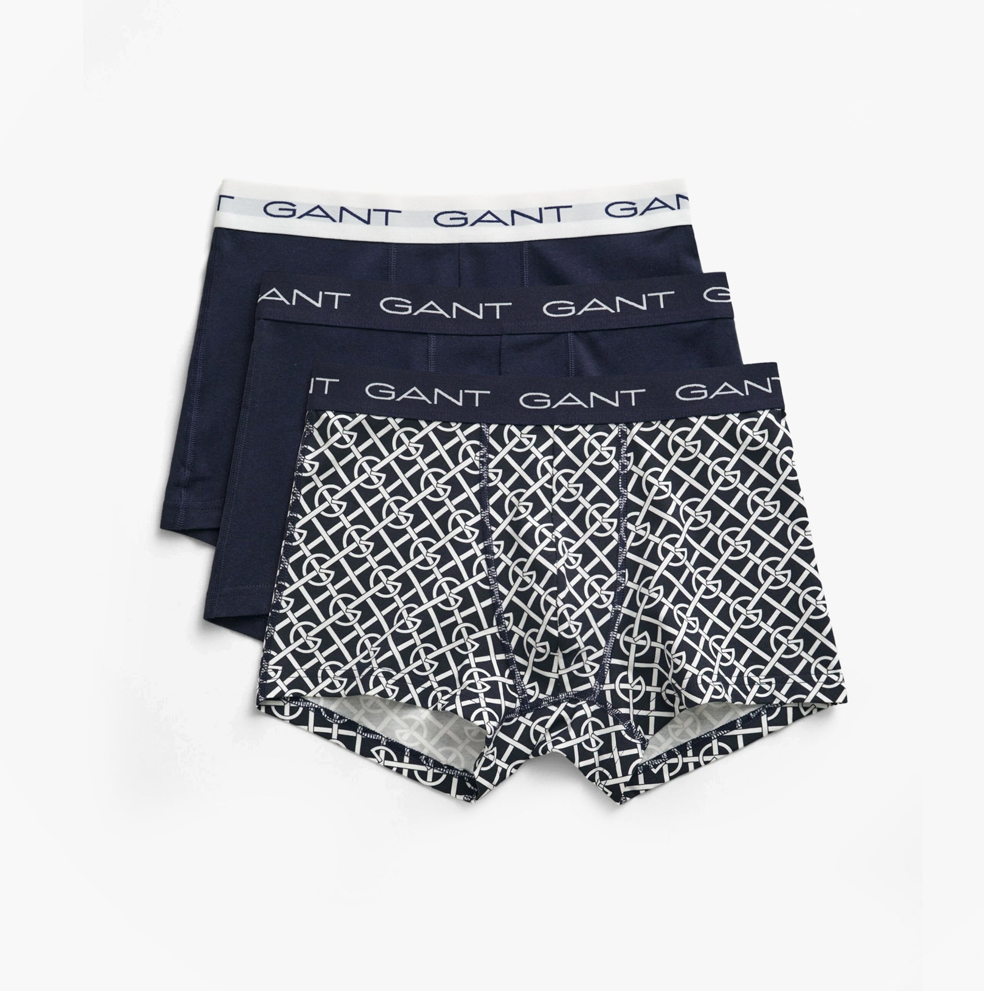 GANT G PATTERN Mens Trunks 3-Pack Evening Blue, front view showing three pairs of trunks in dark blue and patterned design.