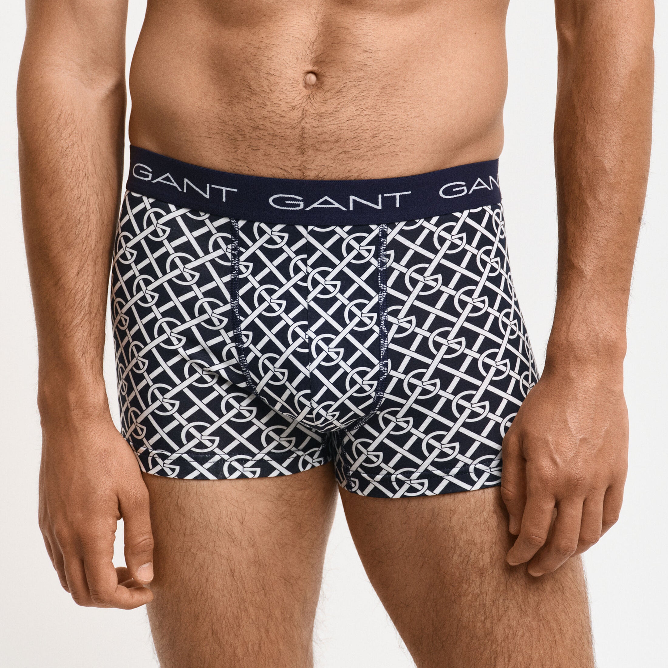 GANT G PATTERN Mens Trunks 3-Pack Evening Blue front view showing patterned design and waistband.